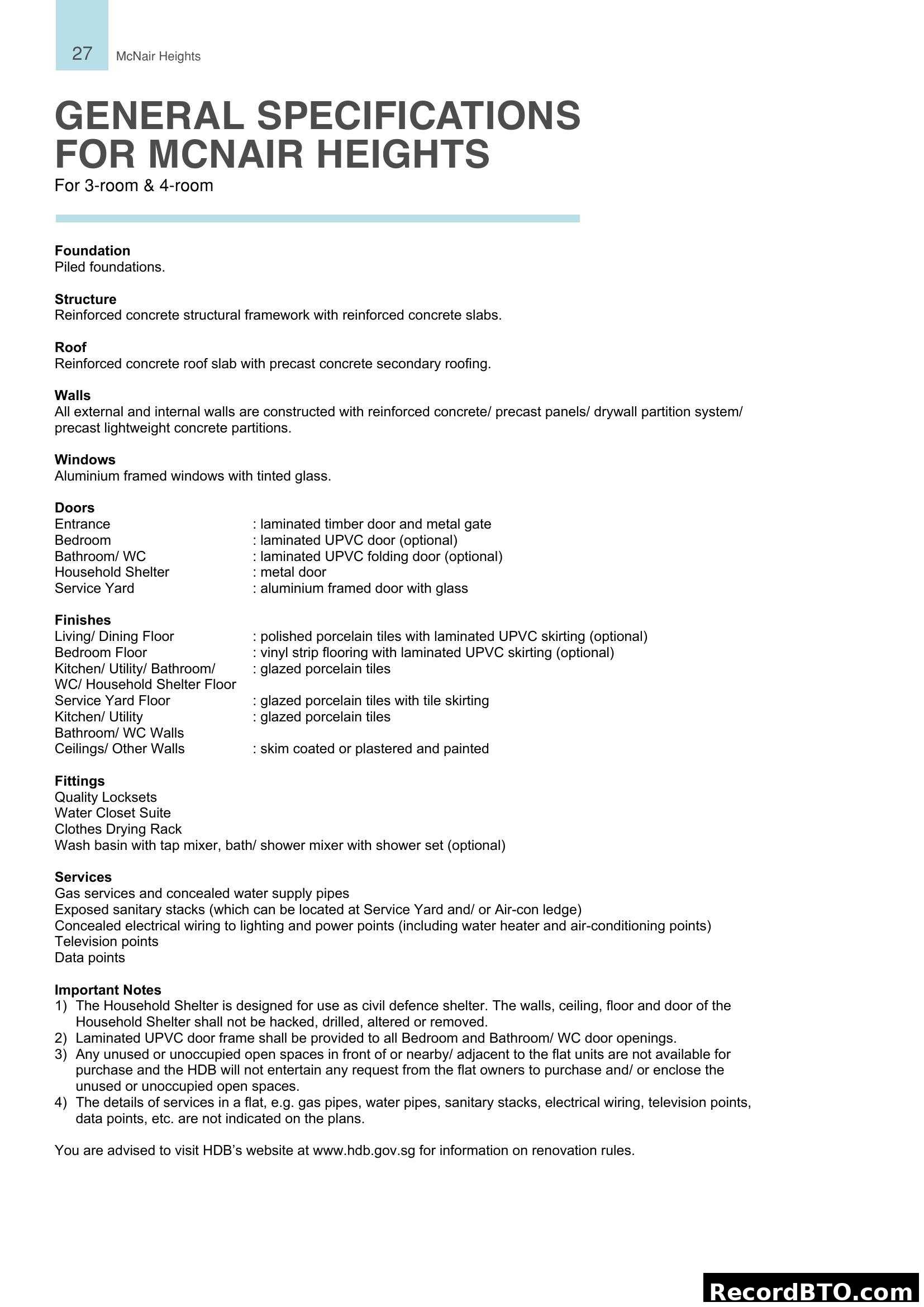 General Specifications for McNair Heights