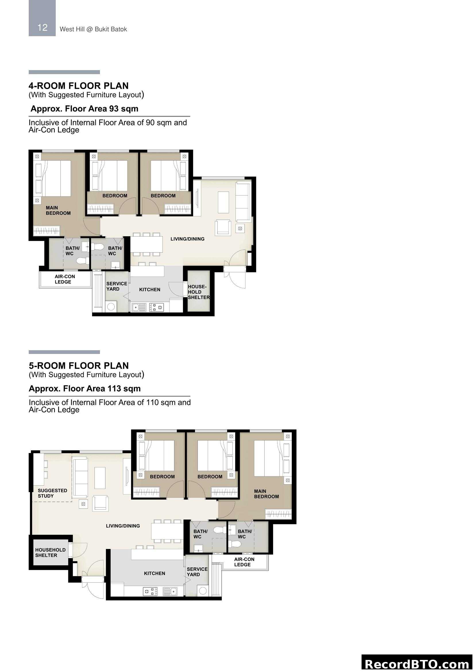 4-Room and 5-Room Floor Plans (West Hill @ Bukit Batok)