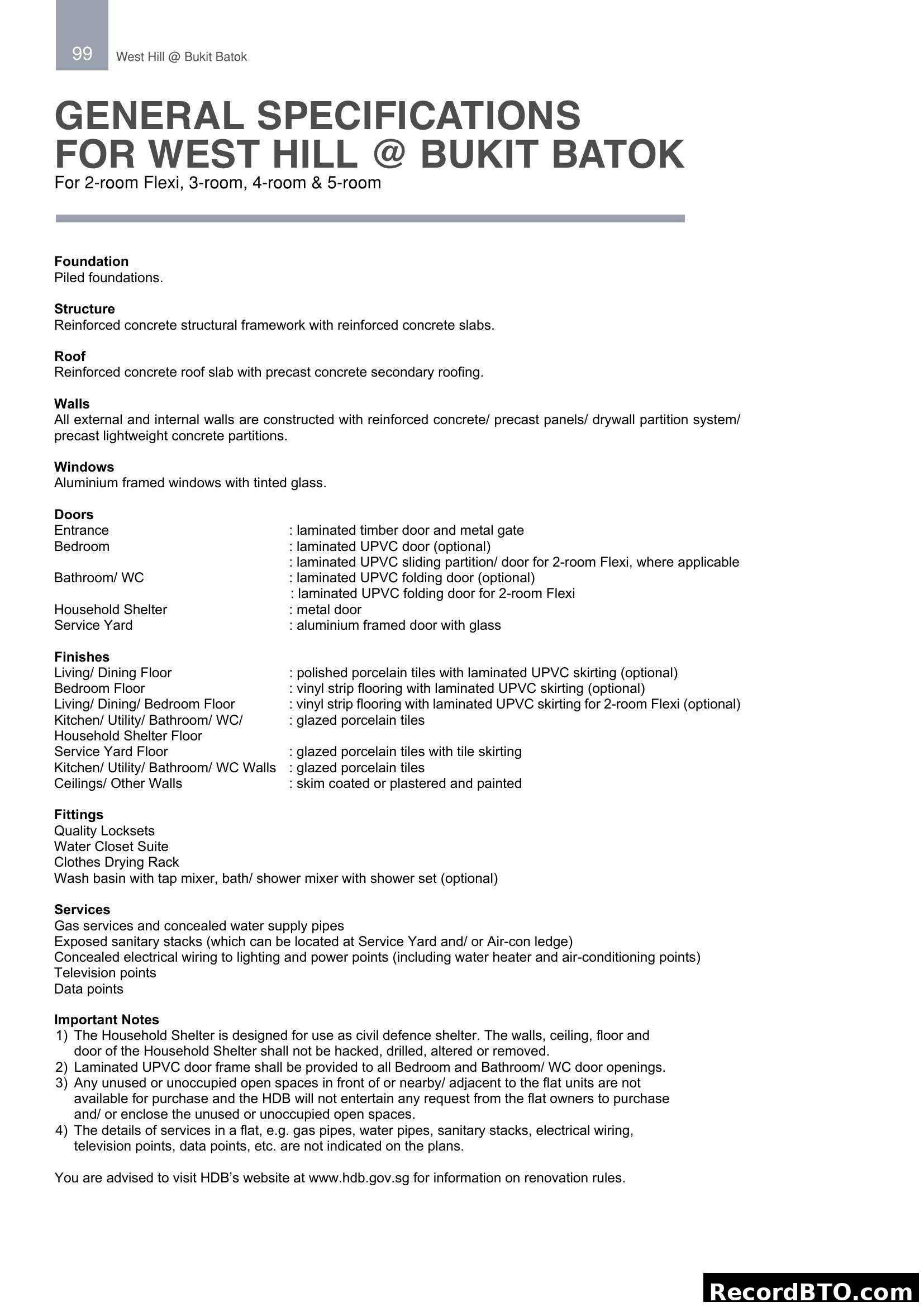 General Specifications for West Hill @ Bukit Batok