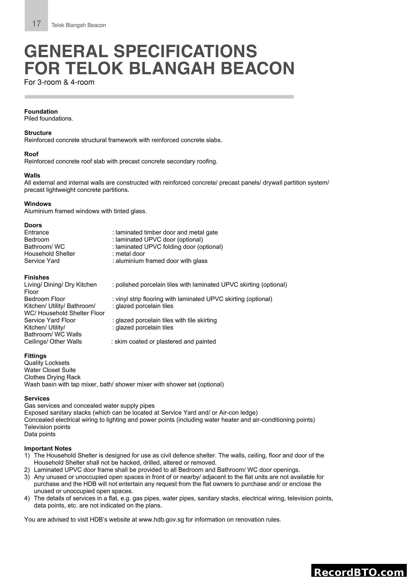 General Specifications for Telok Blangah Beacon