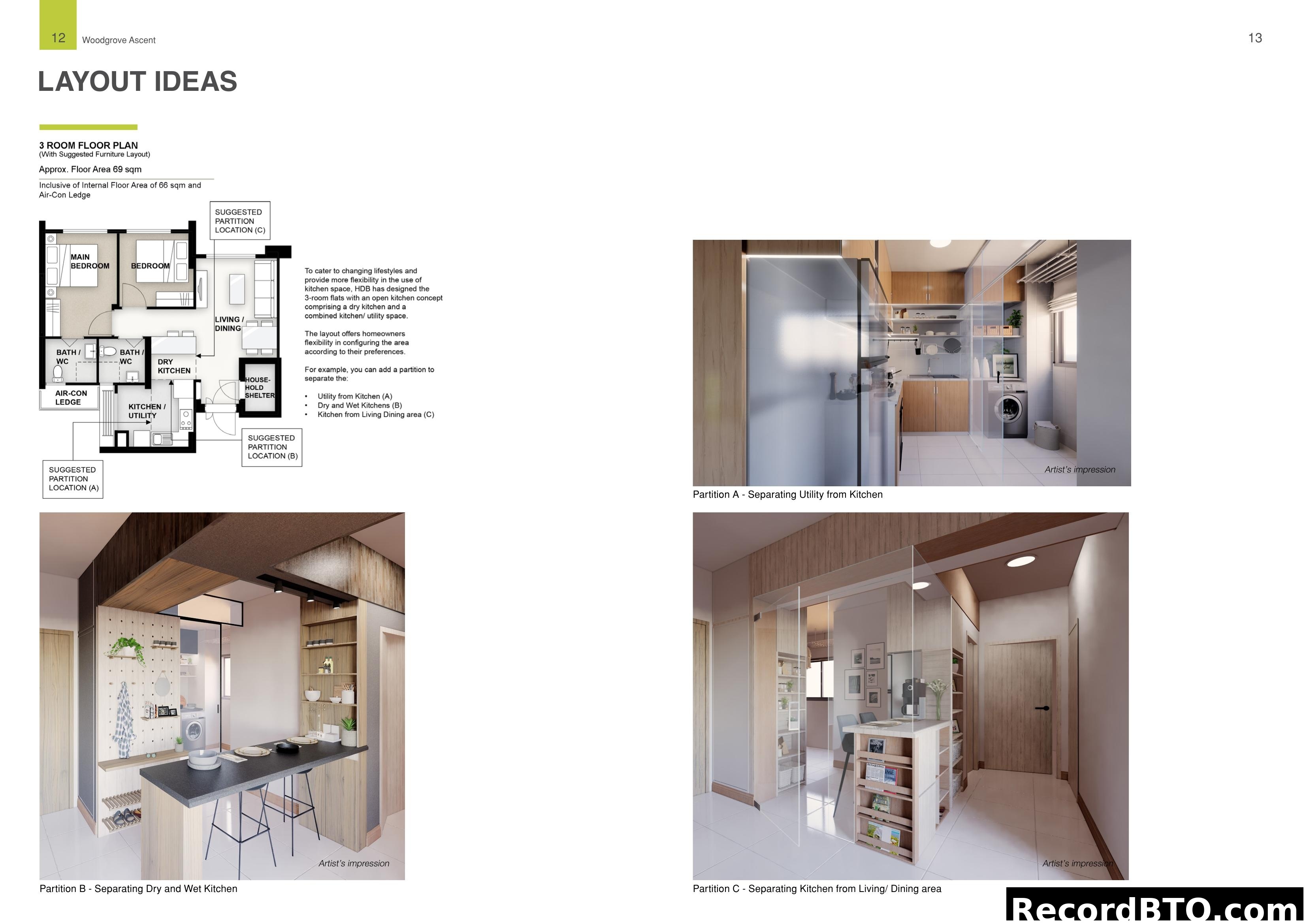 LAYOUT IDEAS - 3 Room Floor Plan with Partition Options