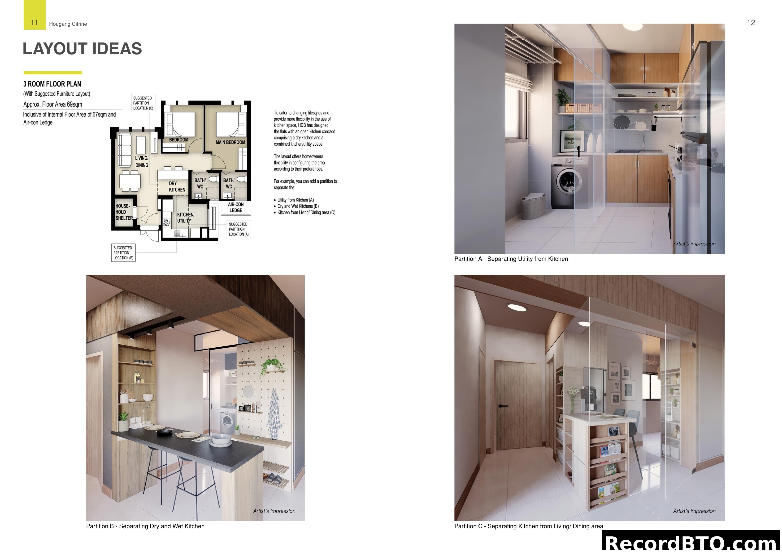 Hougang Citrine 3-Room Floor Plan Layout Ideas