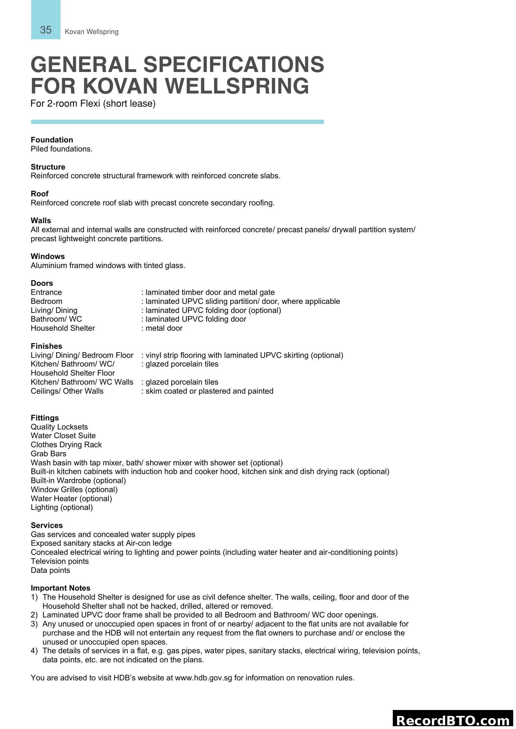 General Specifications for Kovan Wellspring