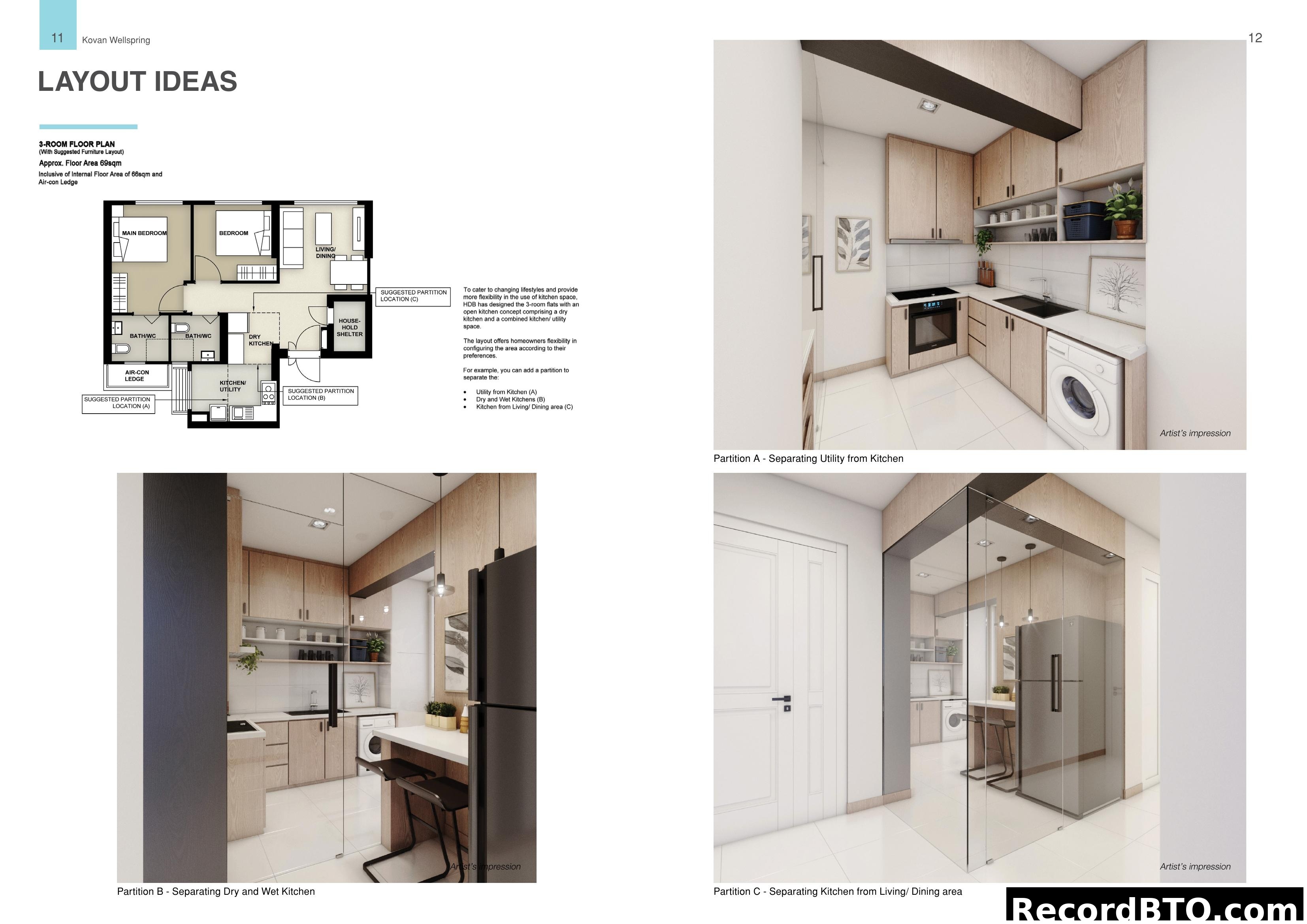 3-Room Floor Plan Layout Ideas & Kitchen Partitions