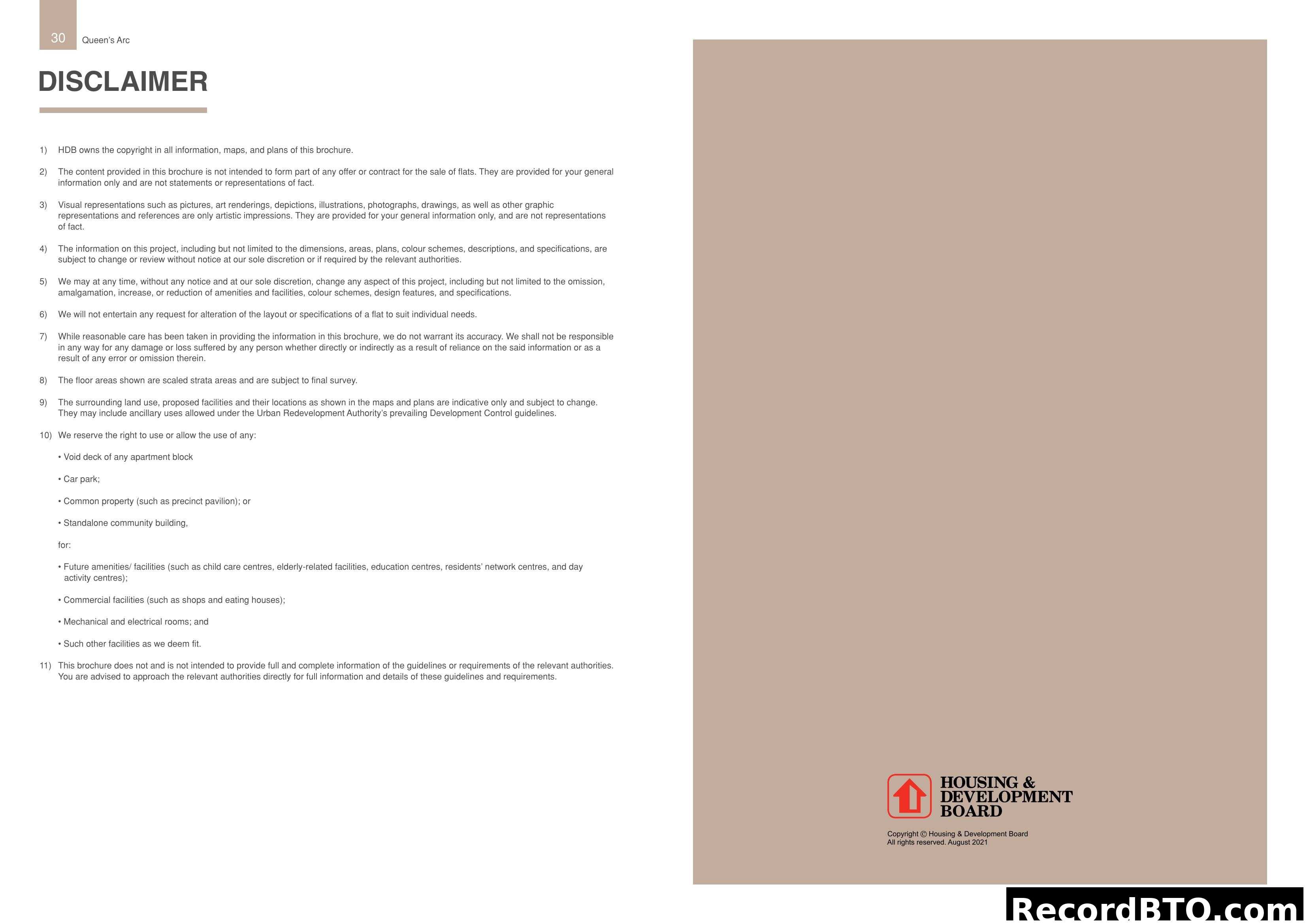 Disclaimer page for HDB Queen's Arc brochure