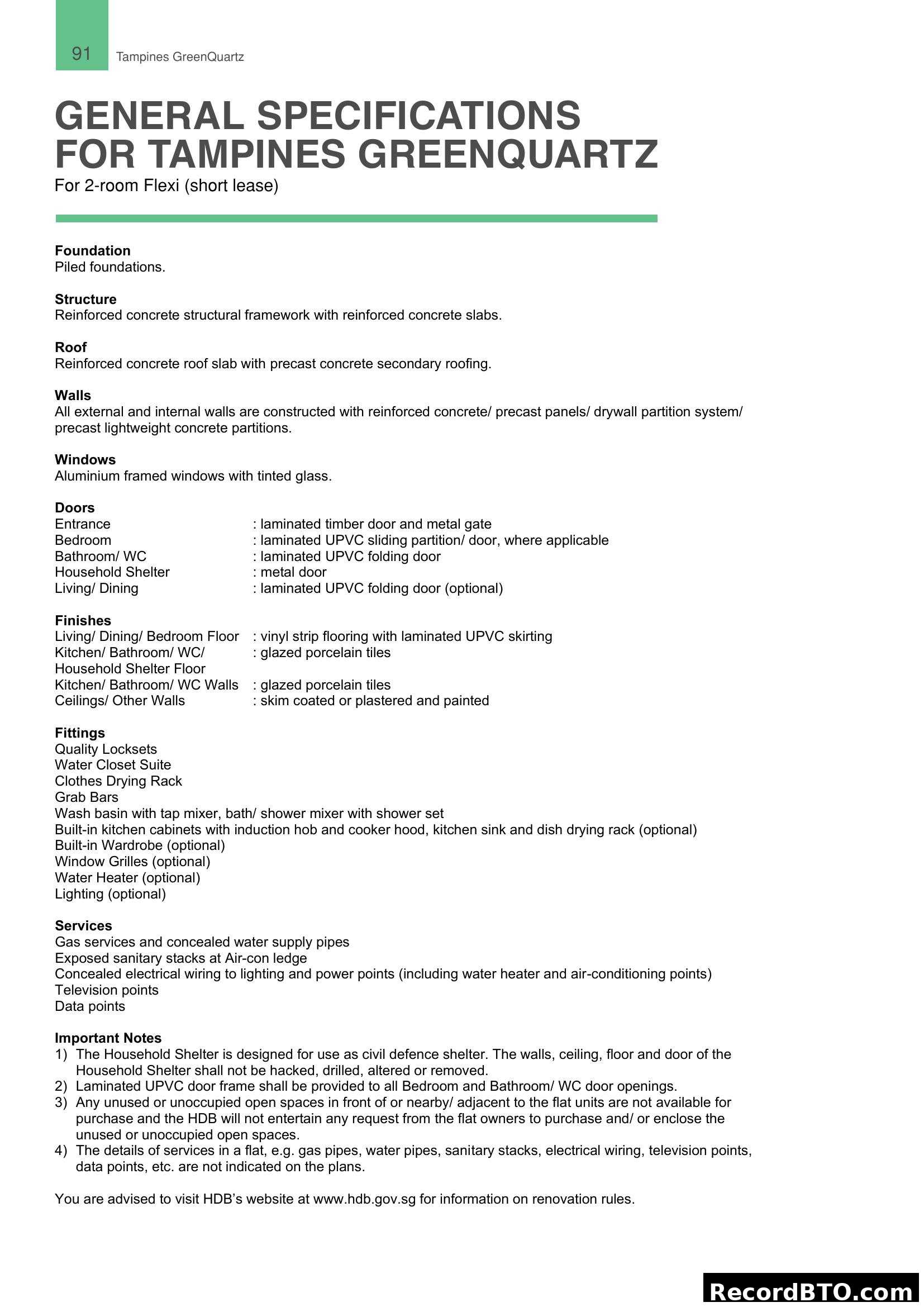 General Specifications for Tampines GreenQuartz