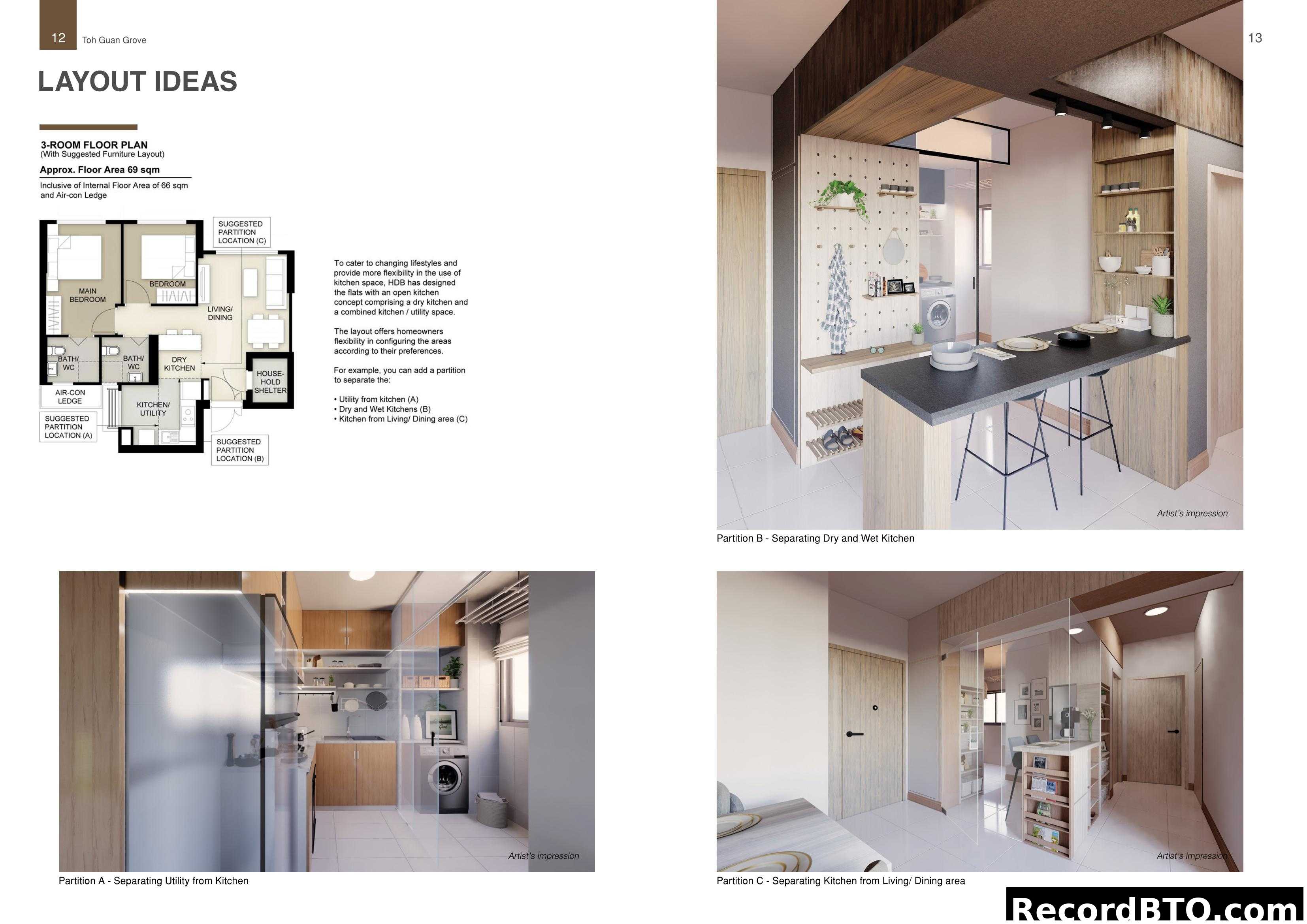 HDB 3-Room Floor Plan and Flexible Kitchen Ideas