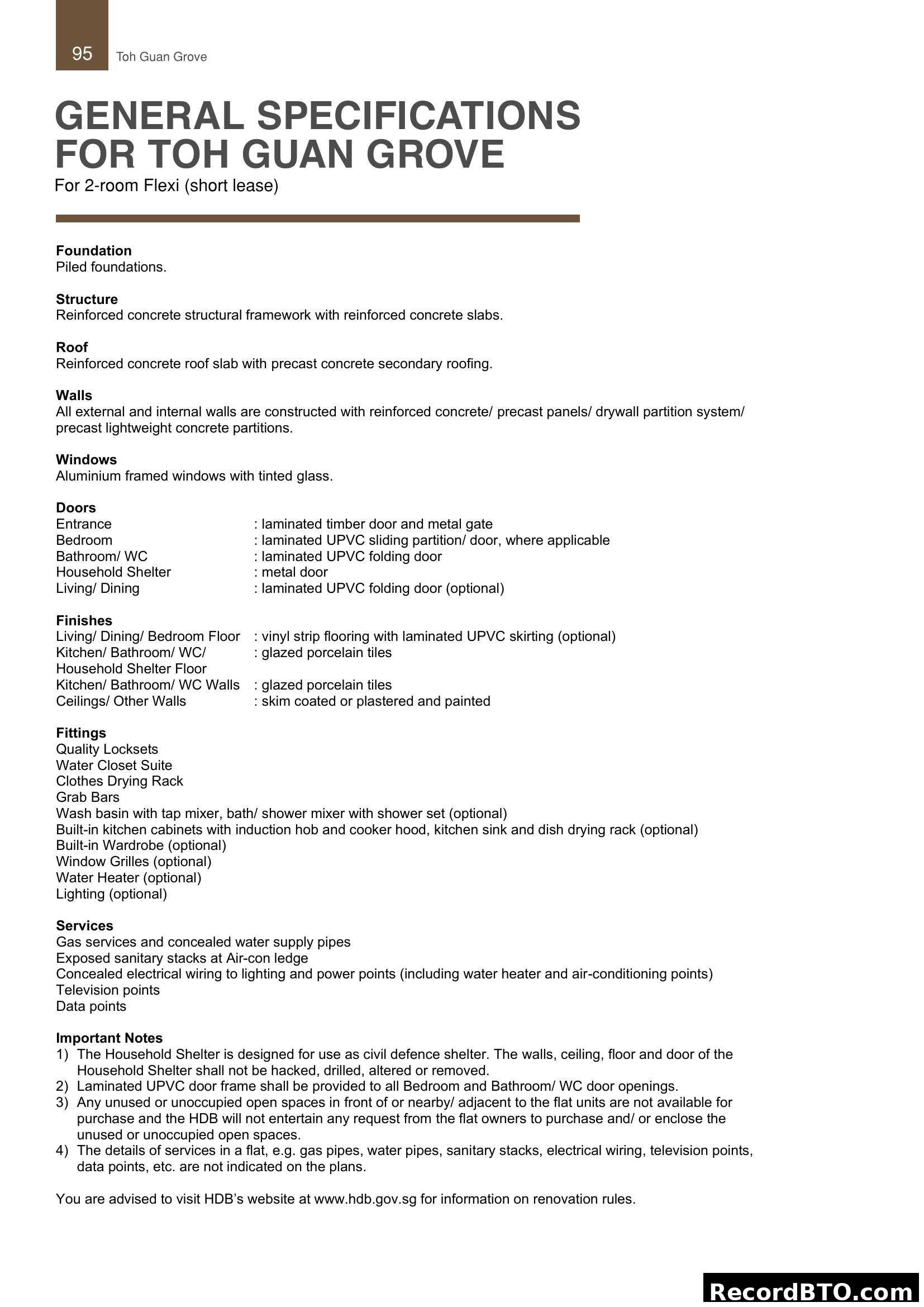 General Specifications for Toh Guan Grove (2-room Flexi)