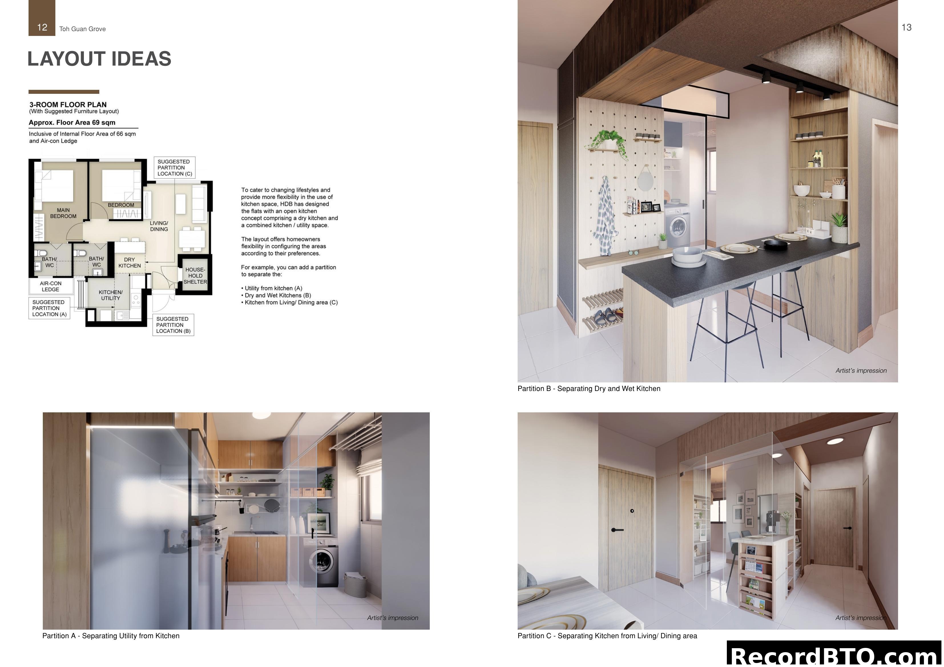 HDB 3-Room Floor Plan and Flexible Kitchen Ideas