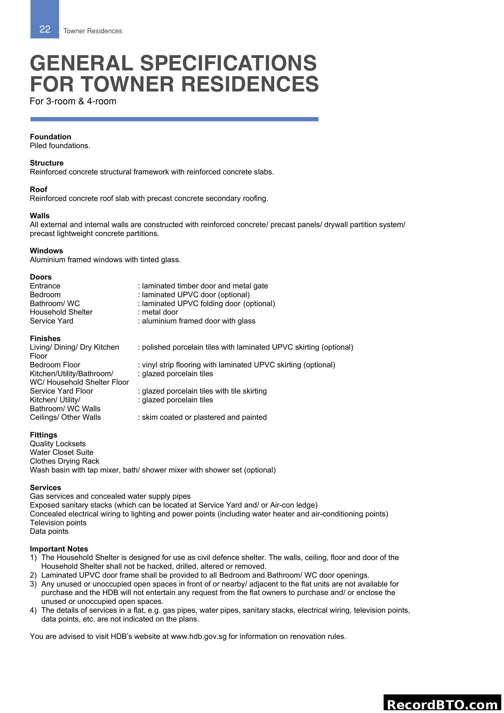 General Specifications for Towner Residences