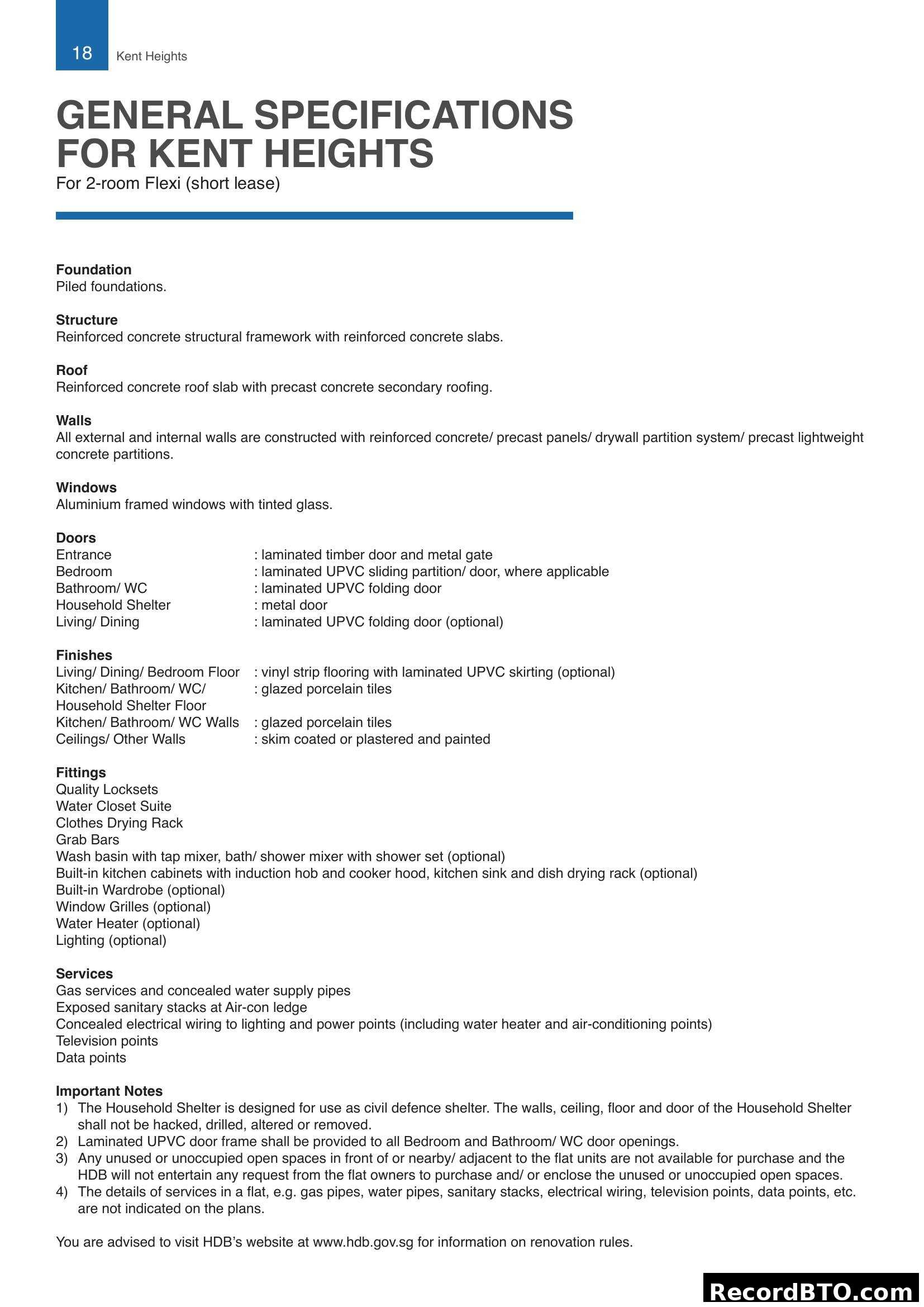 General Specifications for Kent Heights - 2-room Flexi
