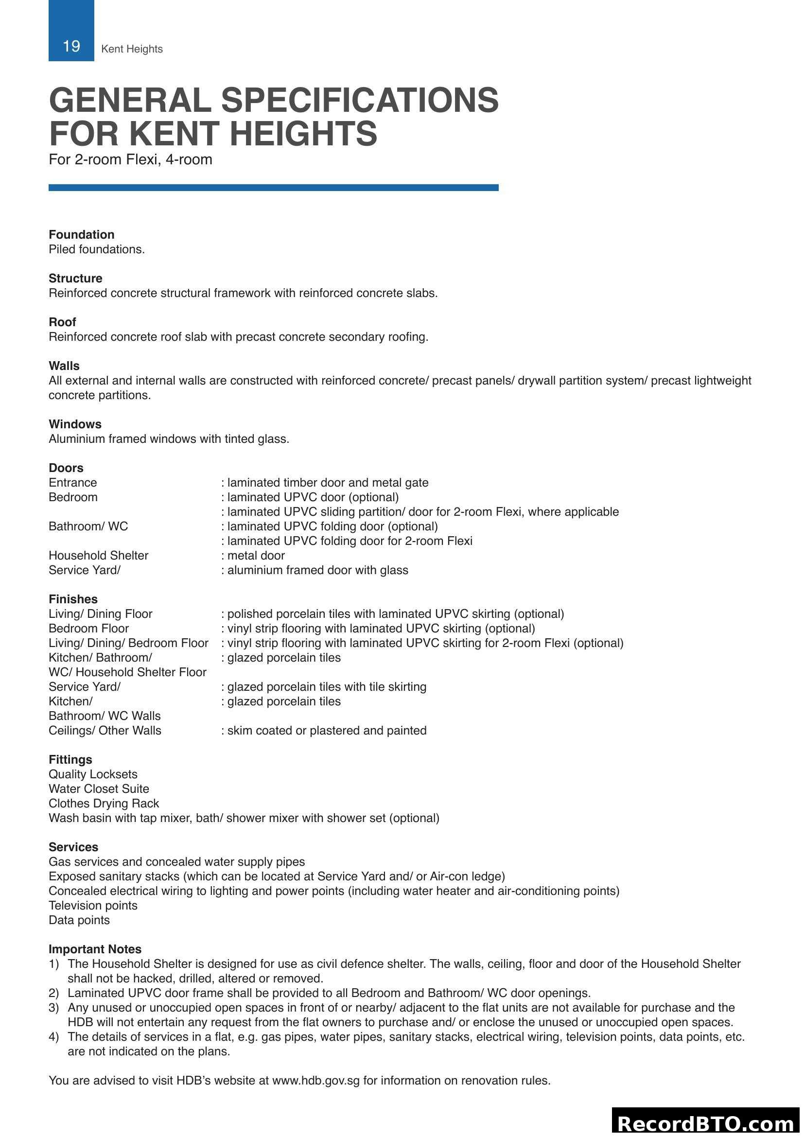 Kent Heights General Specifications