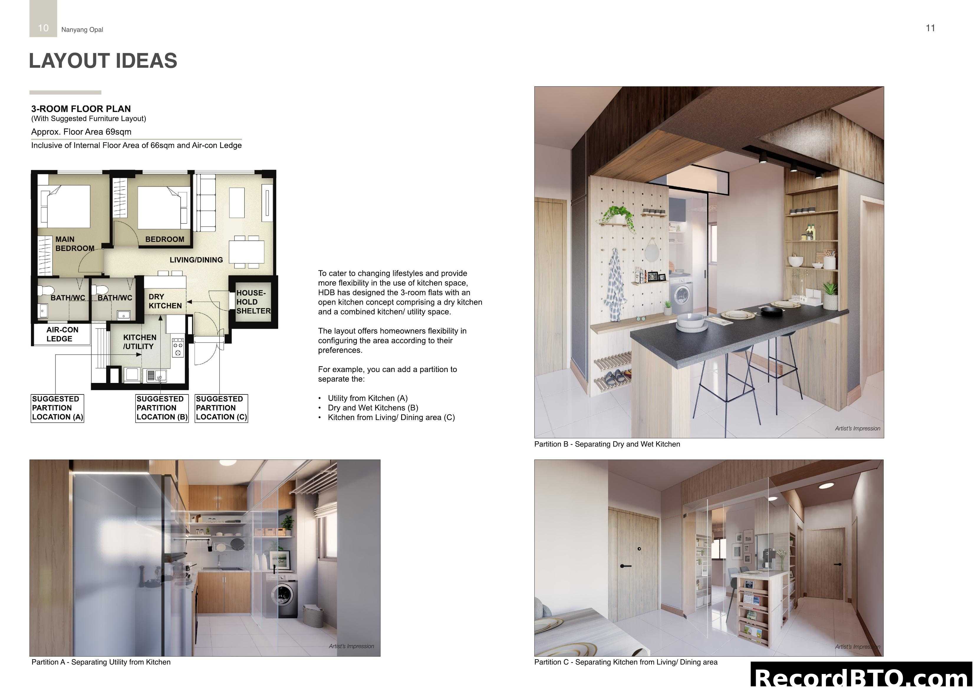 Nanyang Opal 3-Room Floor Plan and Flexible Kitchen Layouts