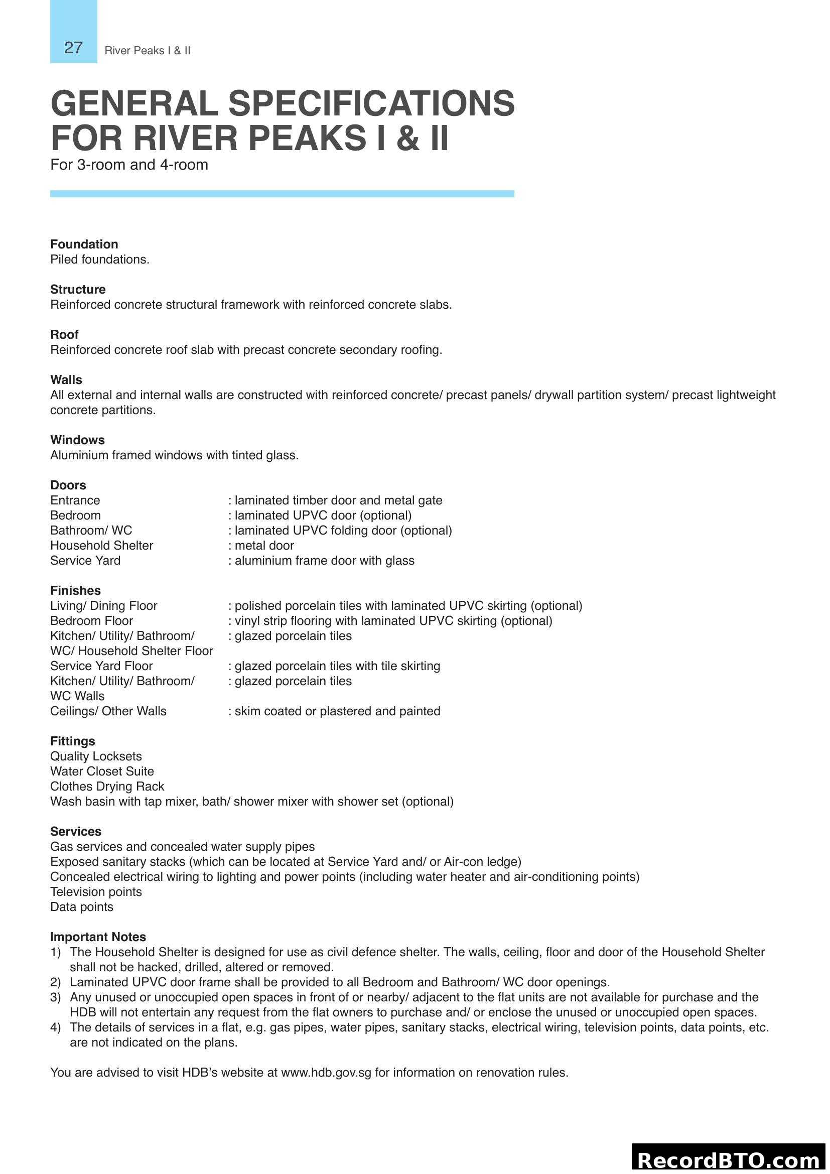 General Specifications for River Peaks I & II (3/4-room)