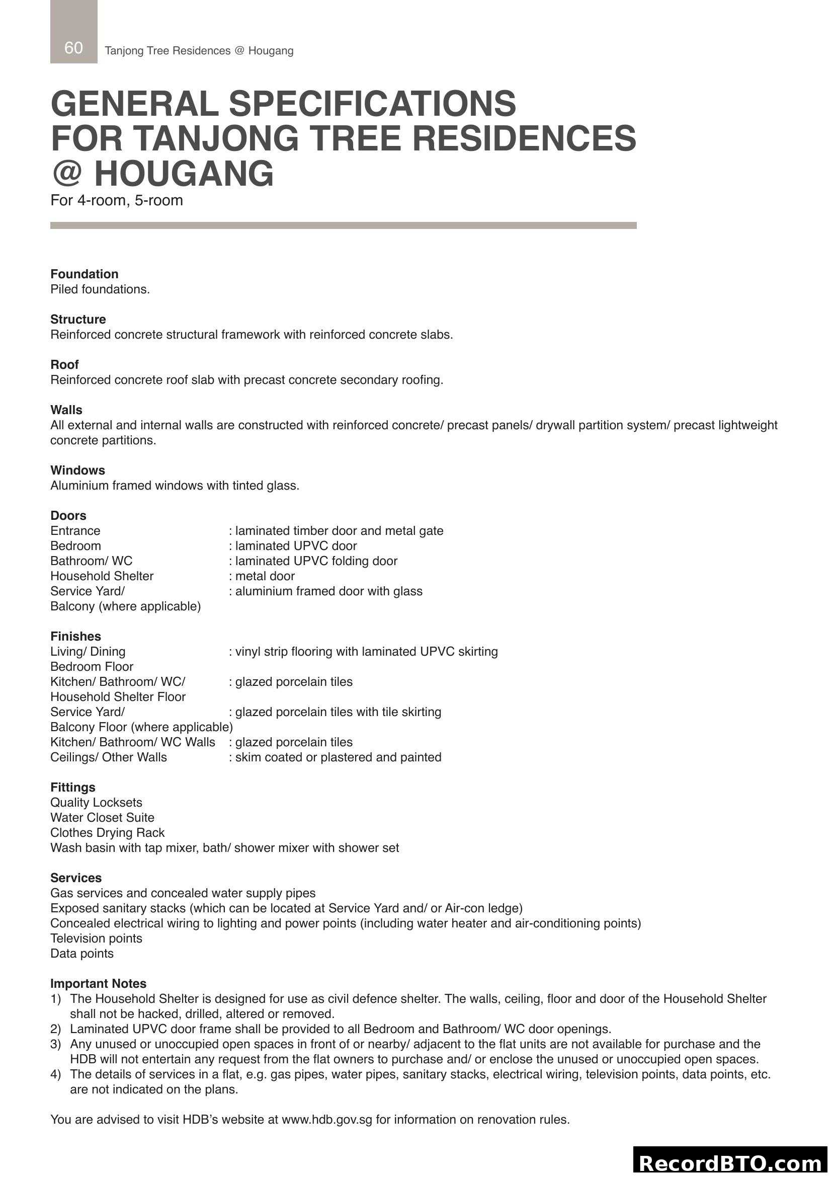 General Specifications for Tanjong Tree Residences @ Hougang