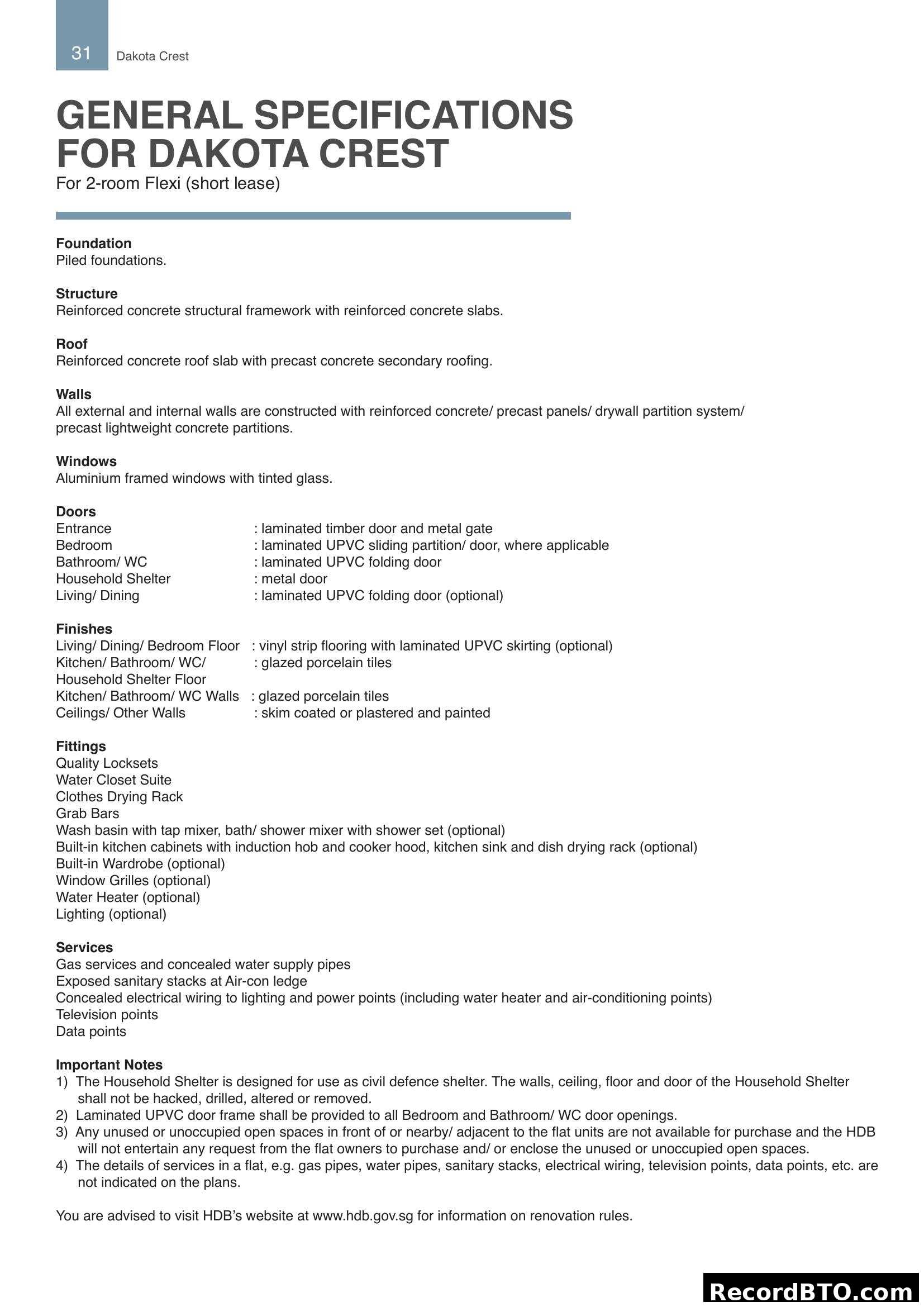 General Specifications for Dakota Crest (2-room Flexi)
