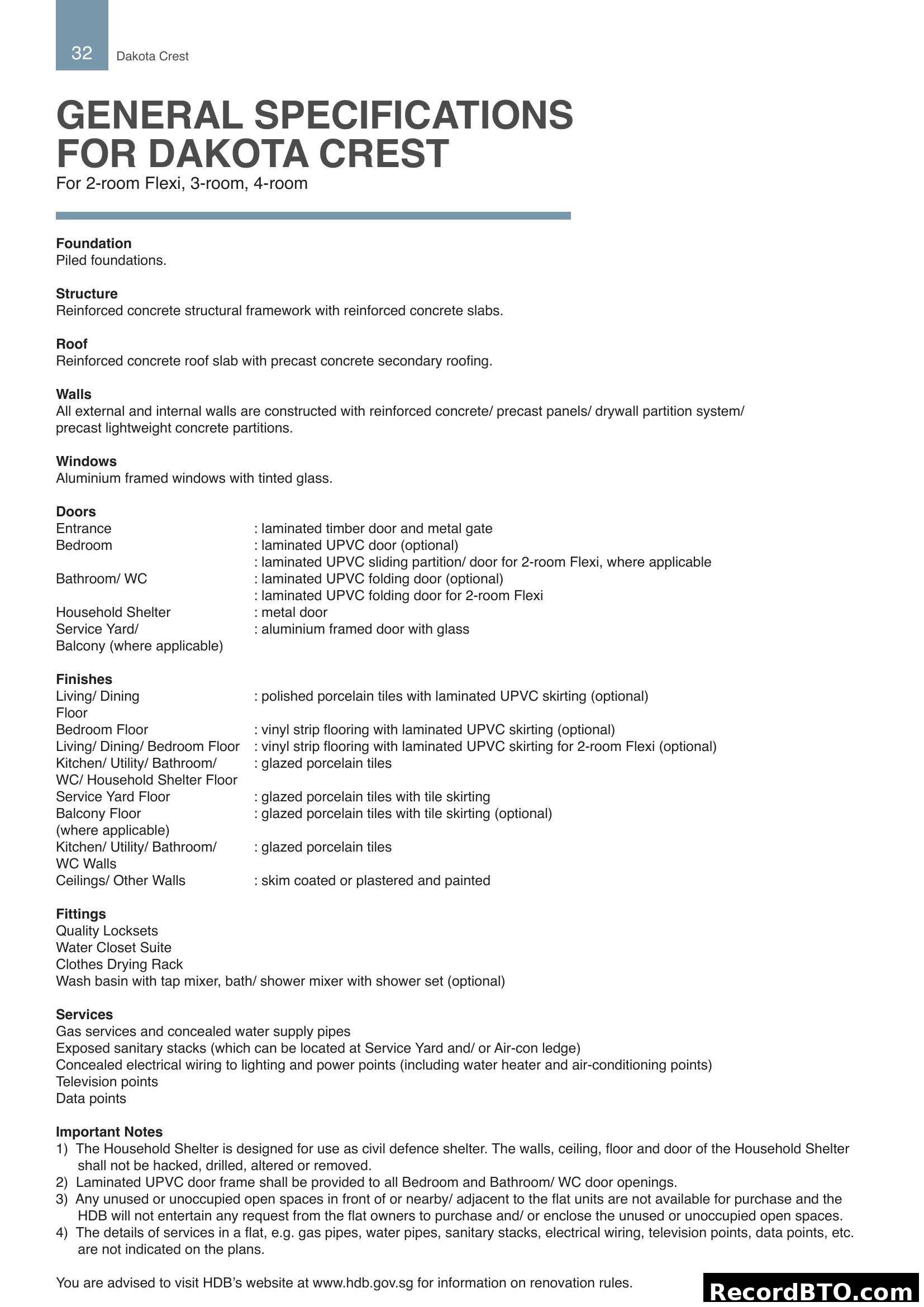 General Specifications for Dakota Crest