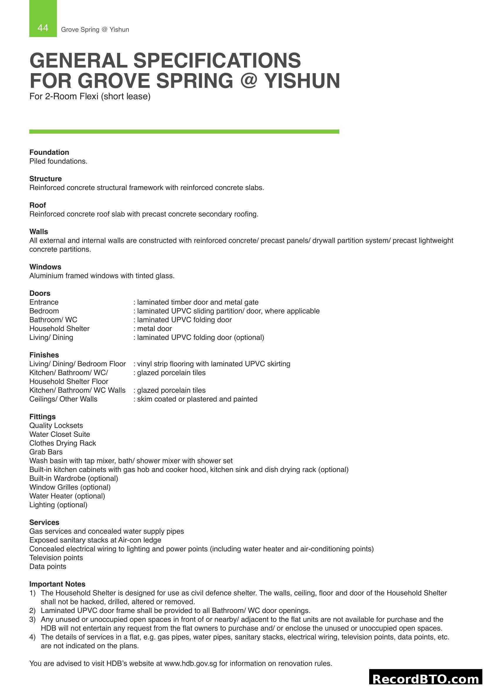 General Specifications for Grove Spring @ Yishun
