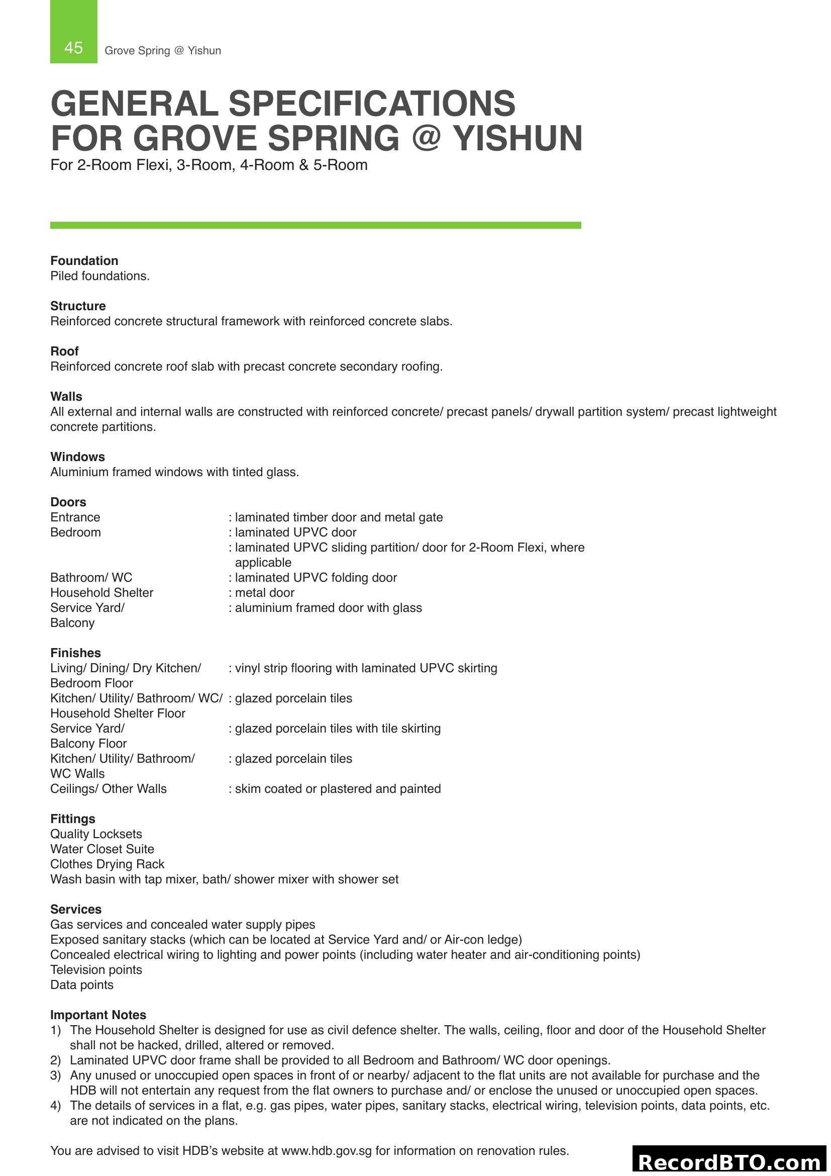 General Specifications for Grove Spring @ Yishun