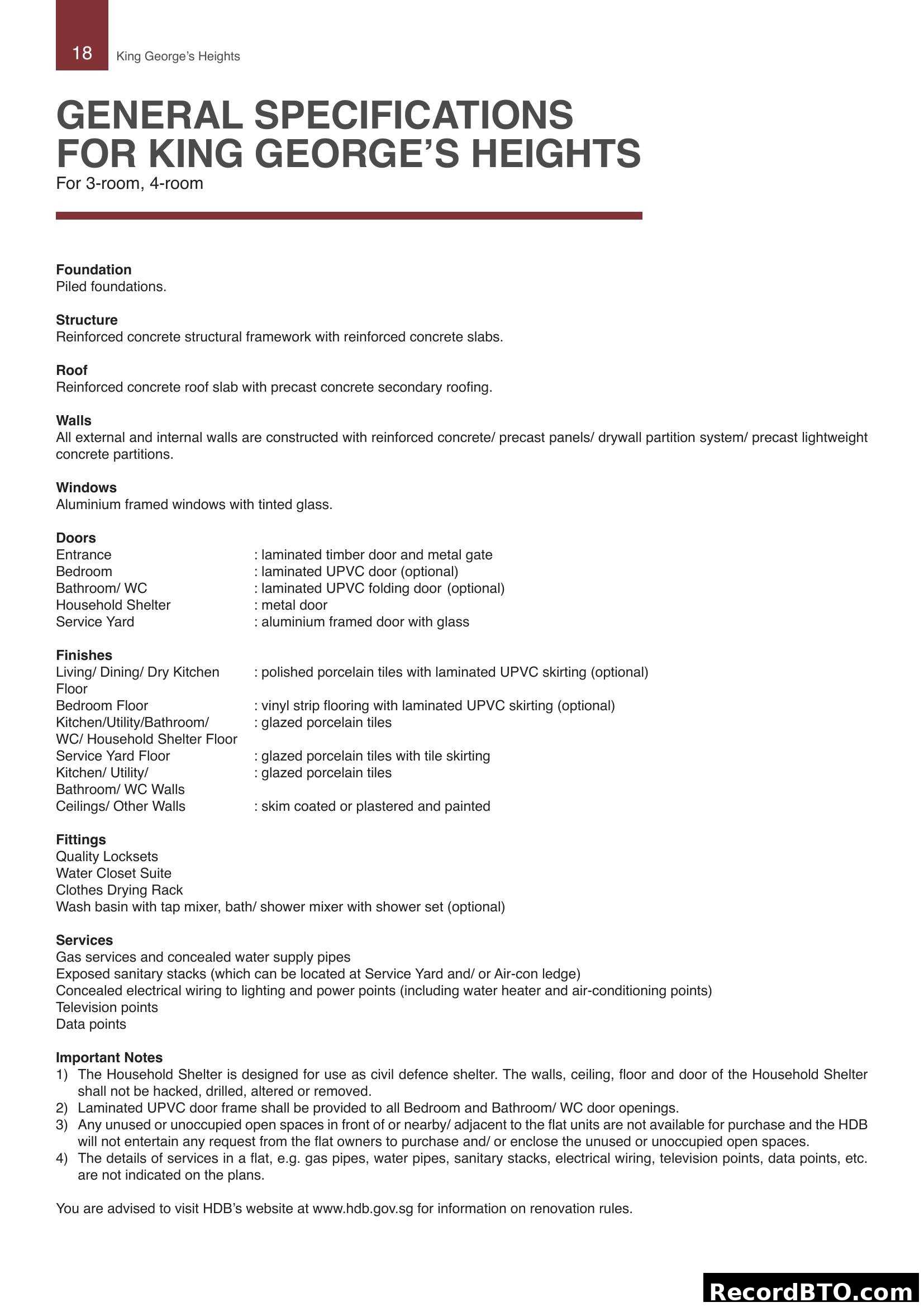 General Specifications: King George's Heights 3/4-room