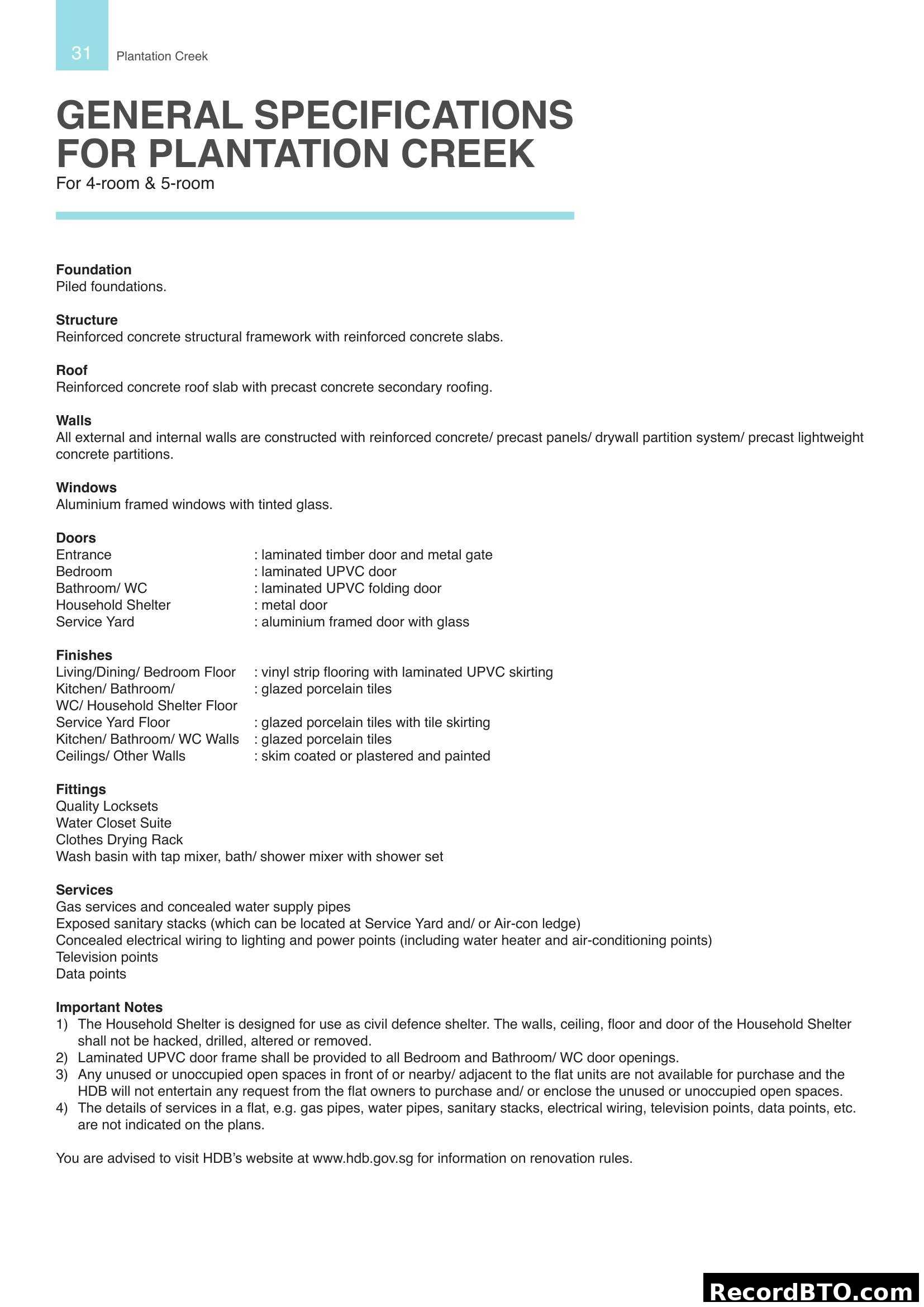 General Specifications for Plantation Creek