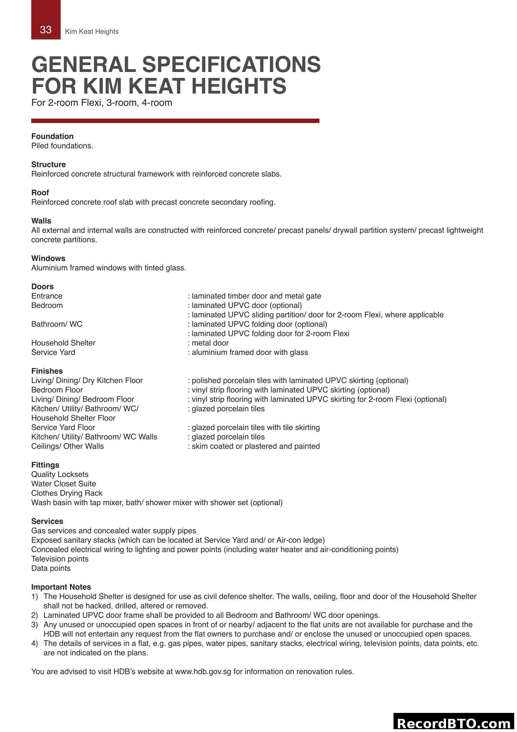 General Specifications for Kim Keat Heights HDB BTO