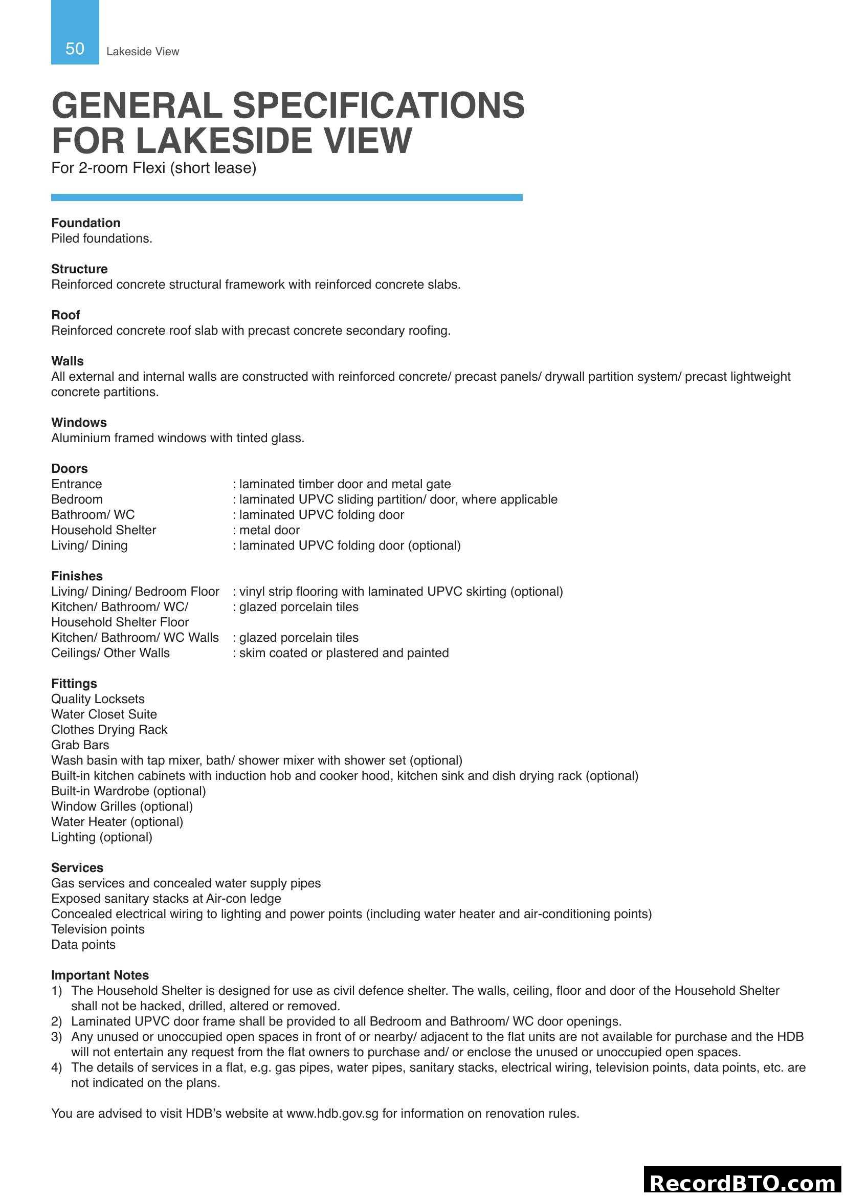 General Specifications for Lakeside View (2-room Flexi)