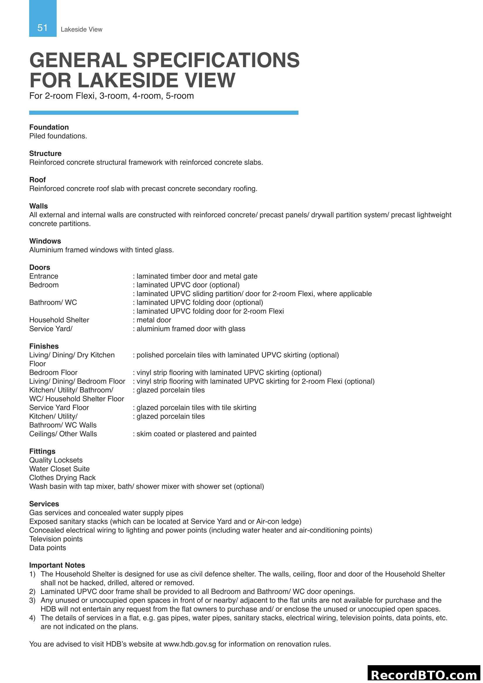 General Specifications for Lakeside View HDB Flats