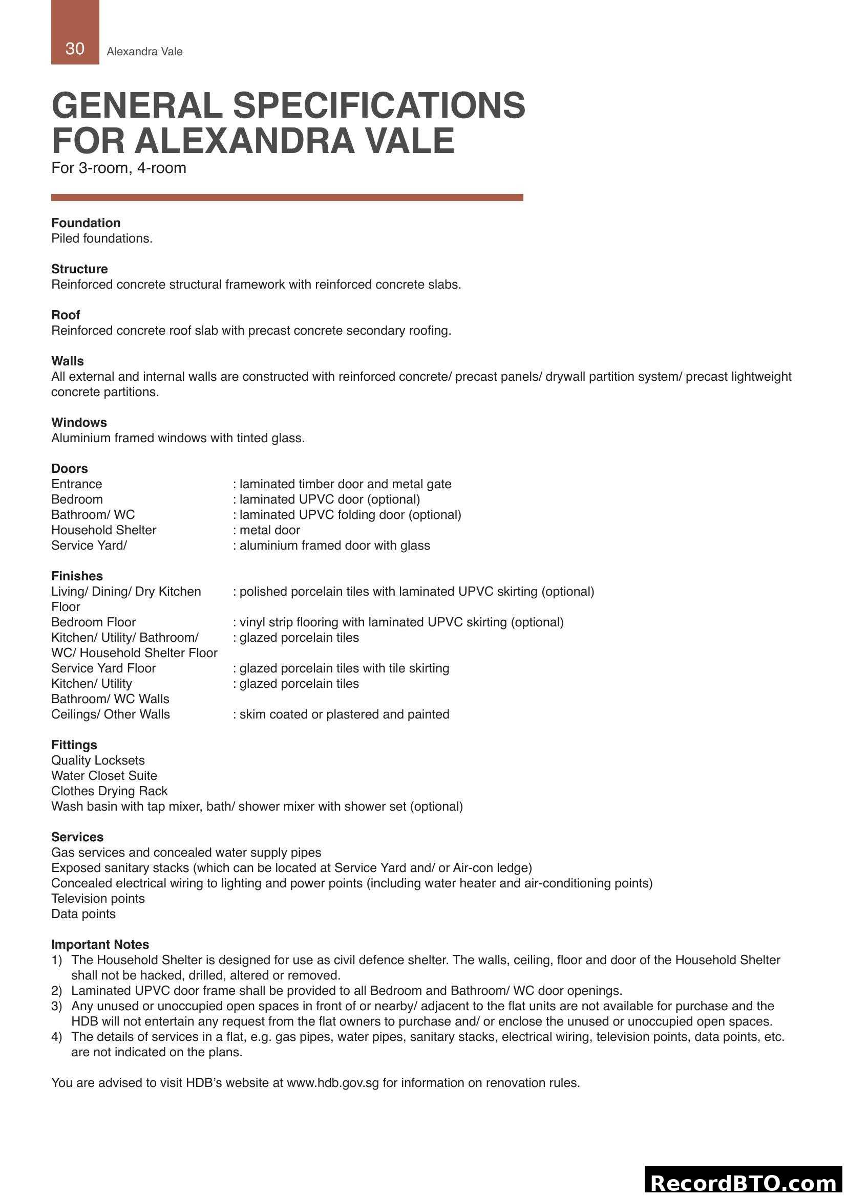 Alexandra Vale General Specifications for 3-room, 4-room