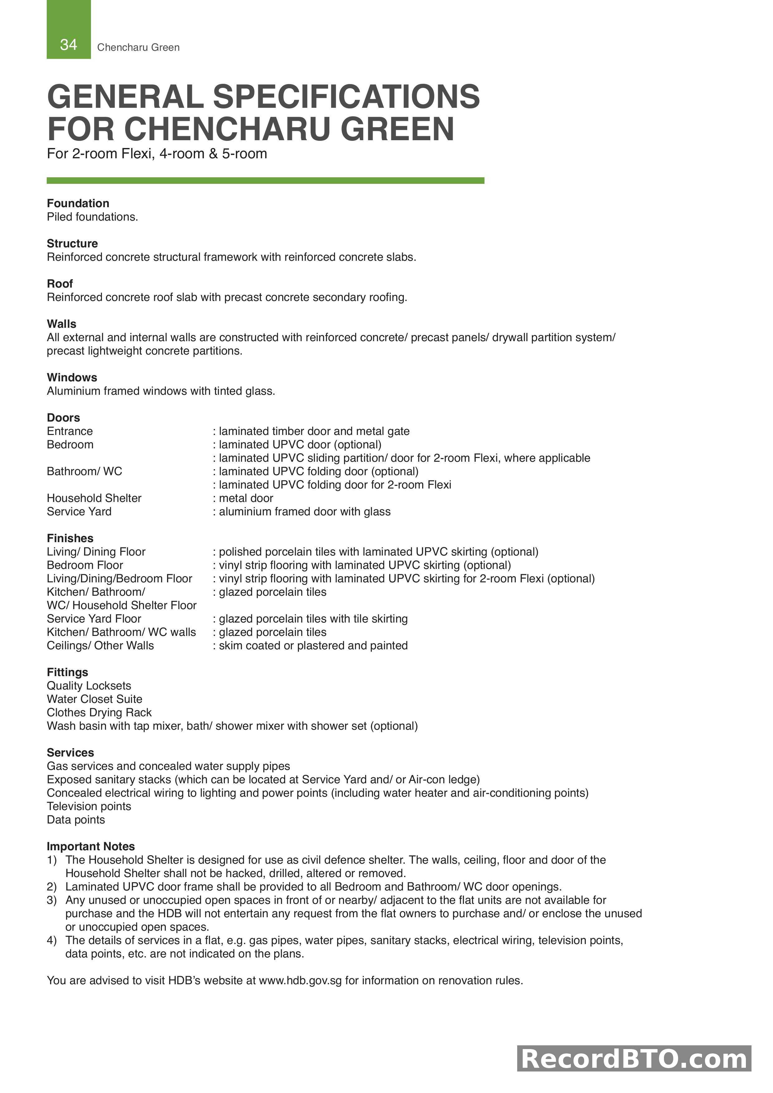 General Specifications for HDB BTO Flats: 2-Room Flexi, 4-Room, 5-Room
