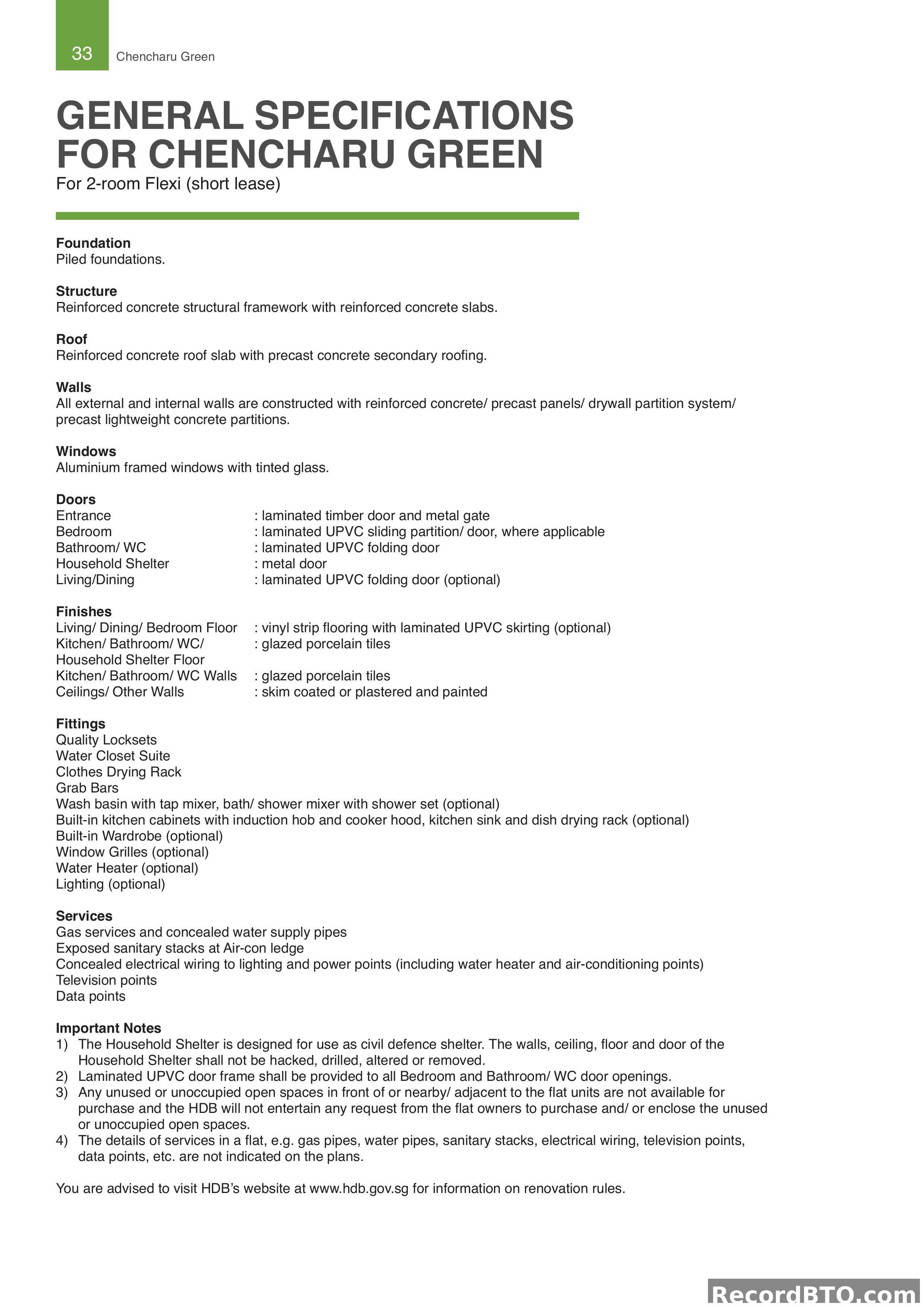 General Specifications for 2-Room Flexi (Short Lease)