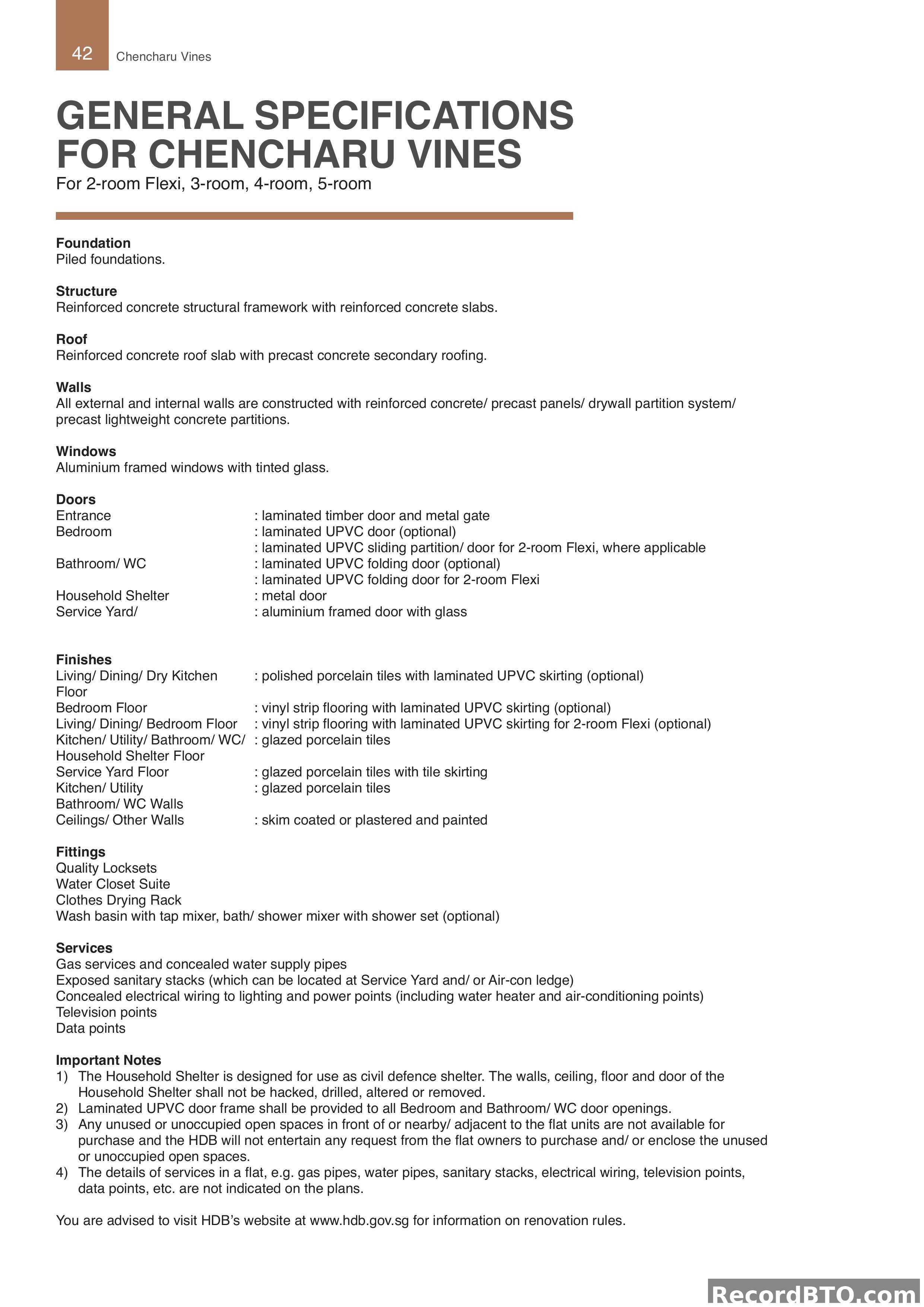 General Specifications for HDB BTO Flat Types