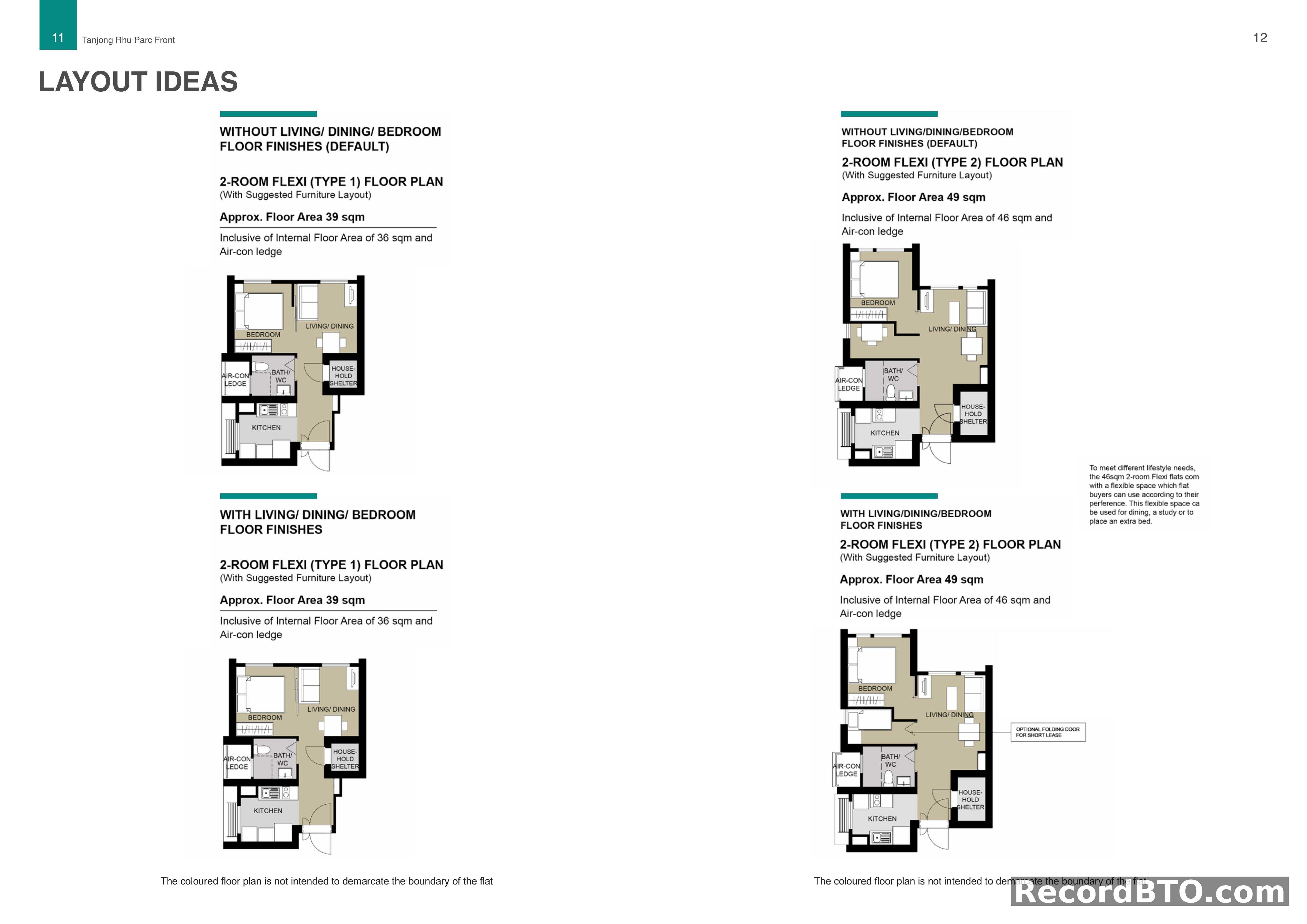Layout Ideas for 2-Room Flexi Flats, Type 1 & 2, with/without finishes