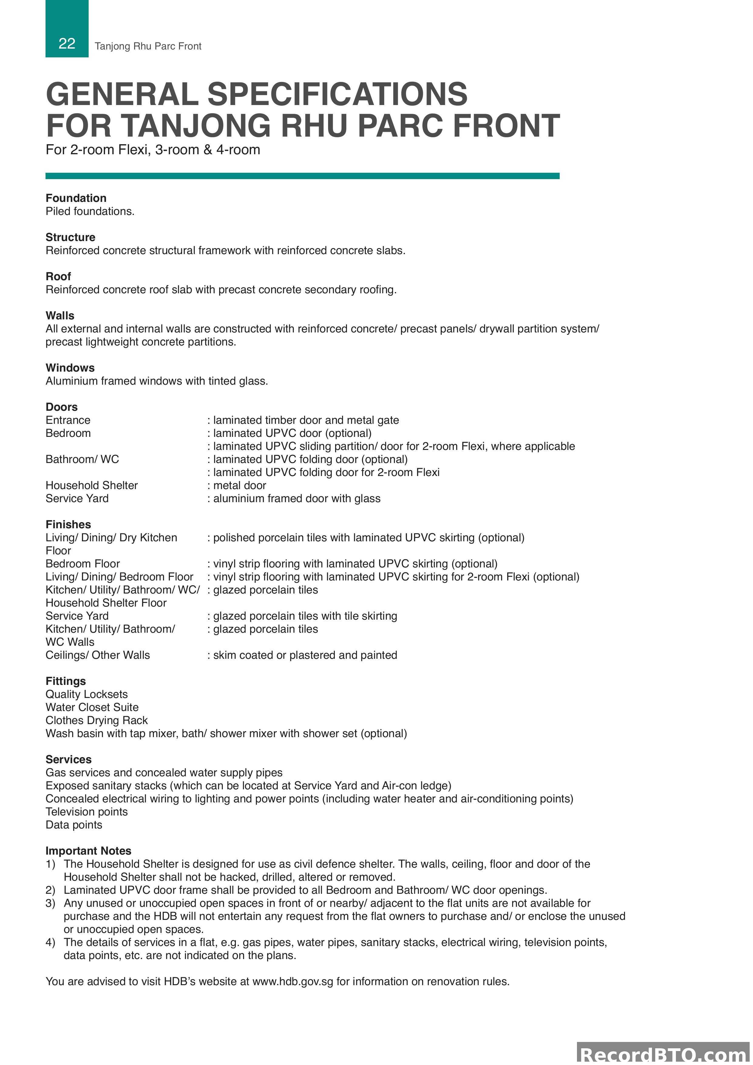 General Specifications for 2-Room Flexi, 3-Room, and 4-Room Flats