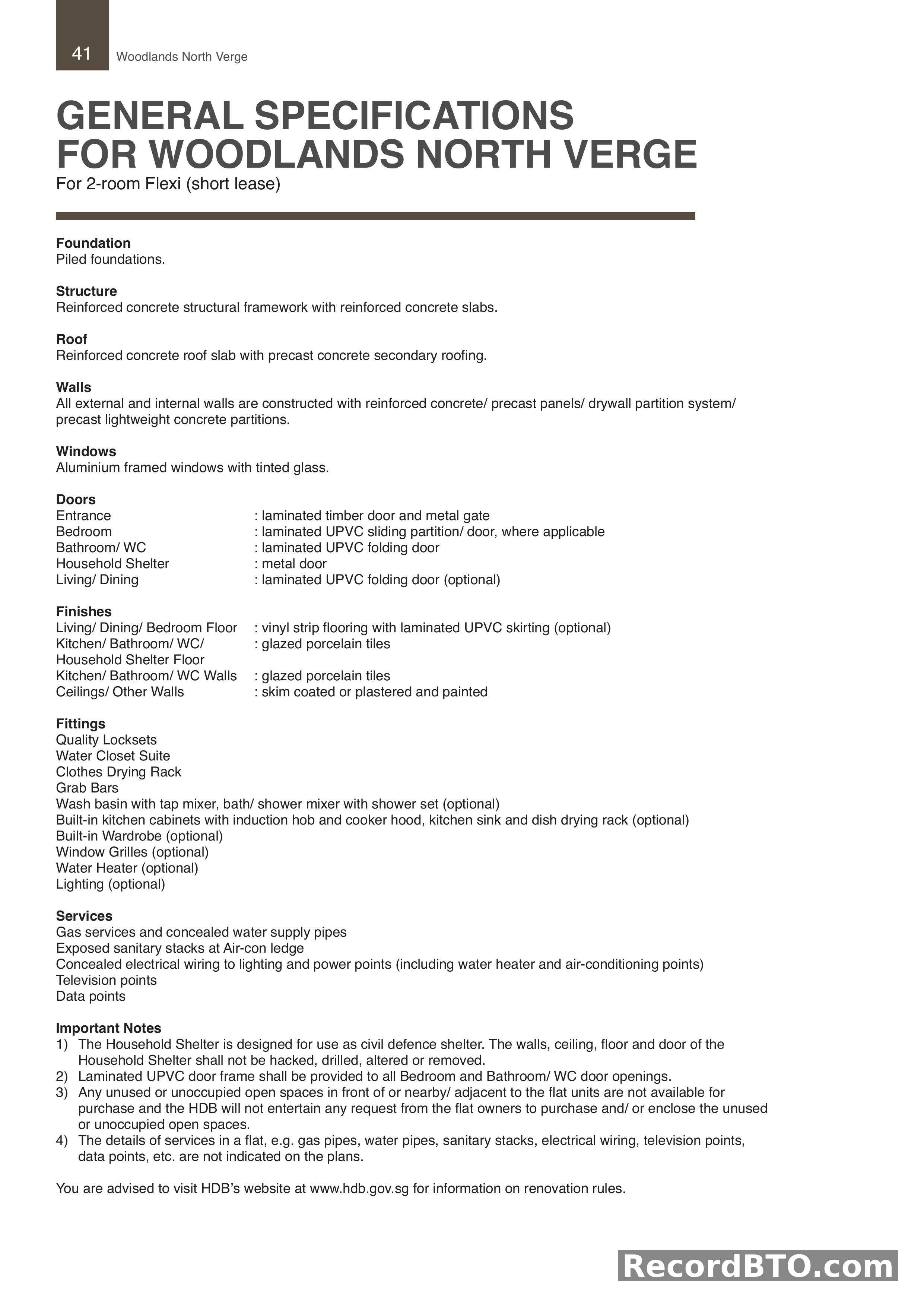 General Specifications: 2-Room Flexi (Short Lease) Units