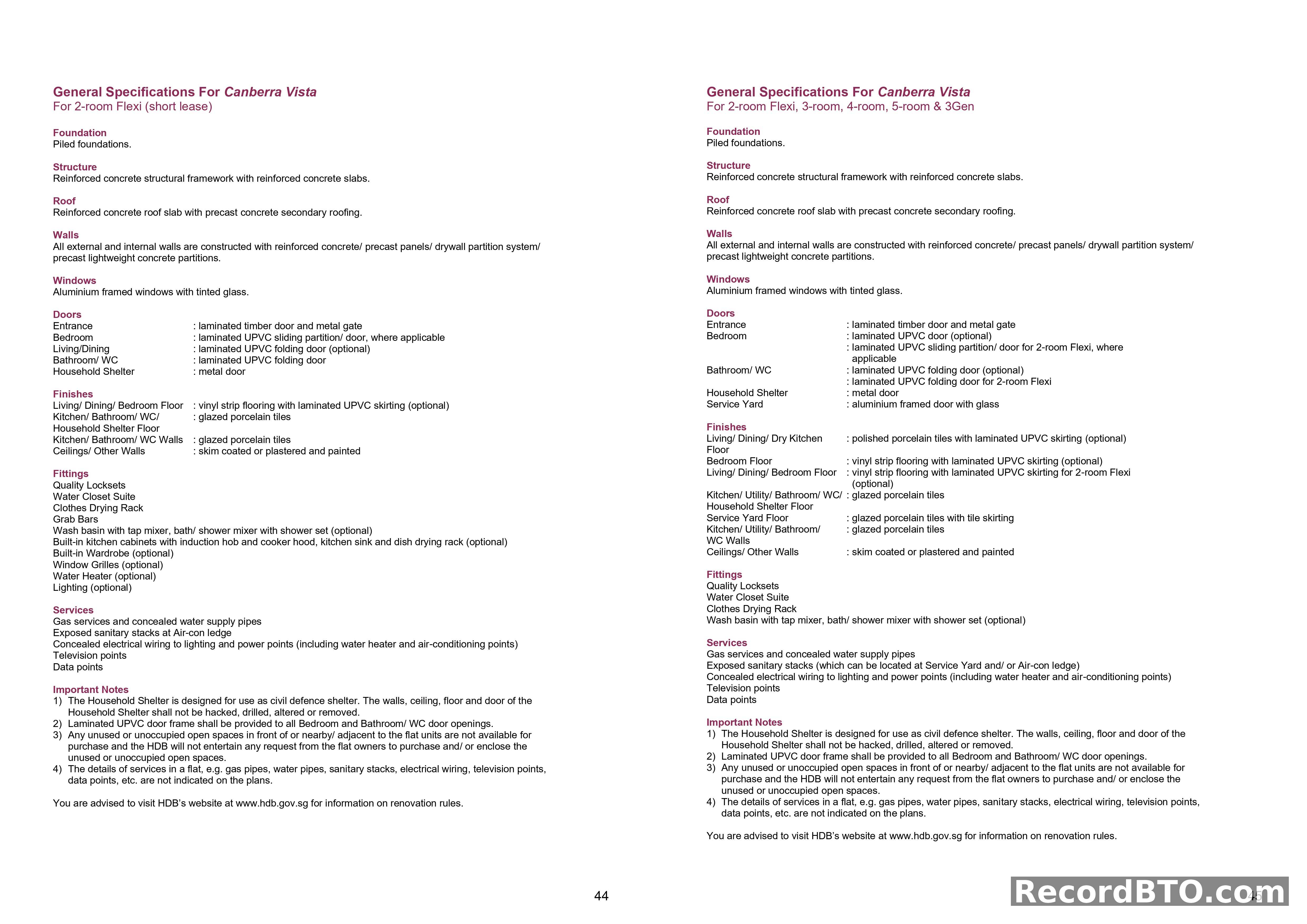 General Specifications for HDB Flat Types