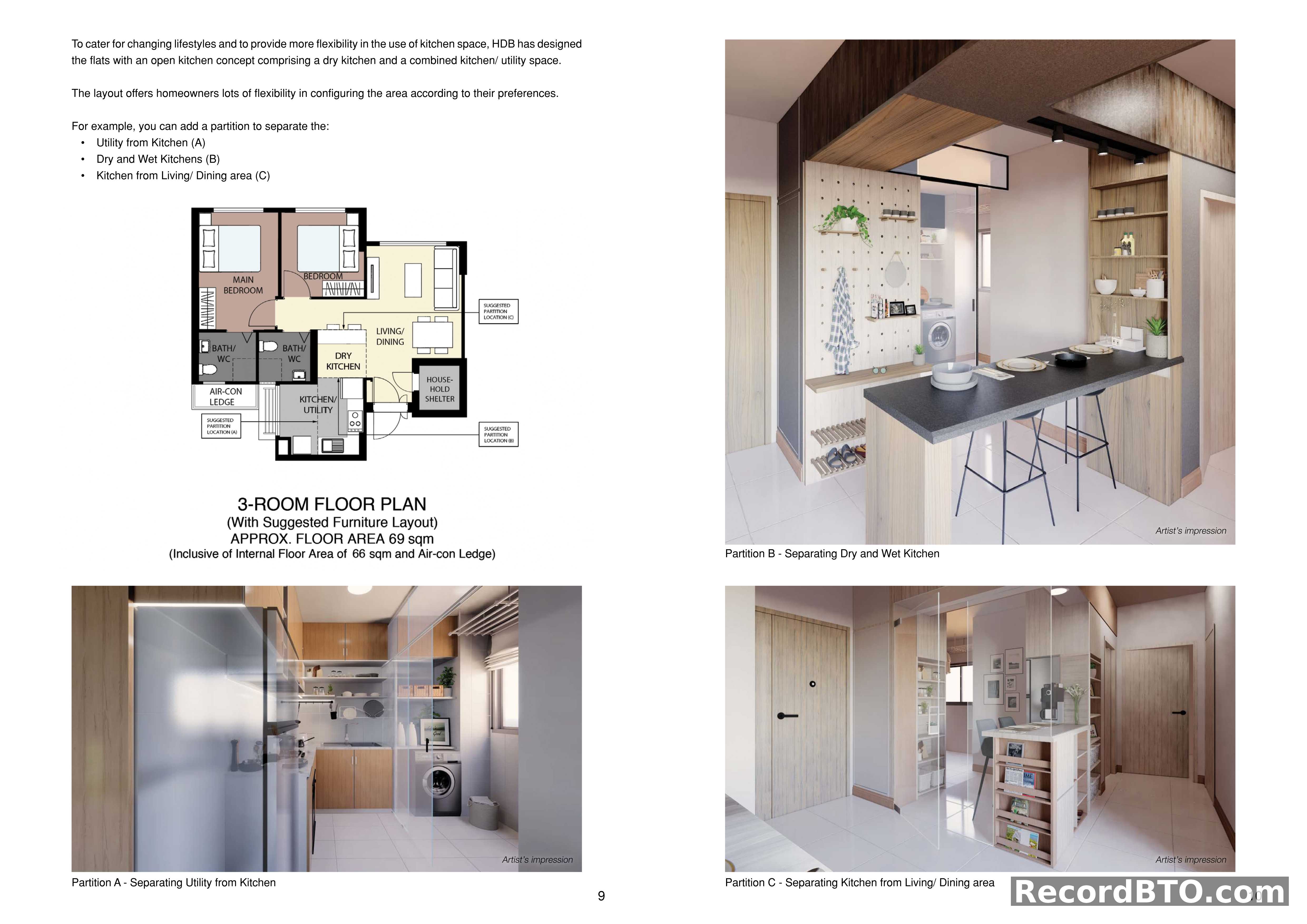 3-Room Floor Plan and Flexible Kitchen Partition Concepts