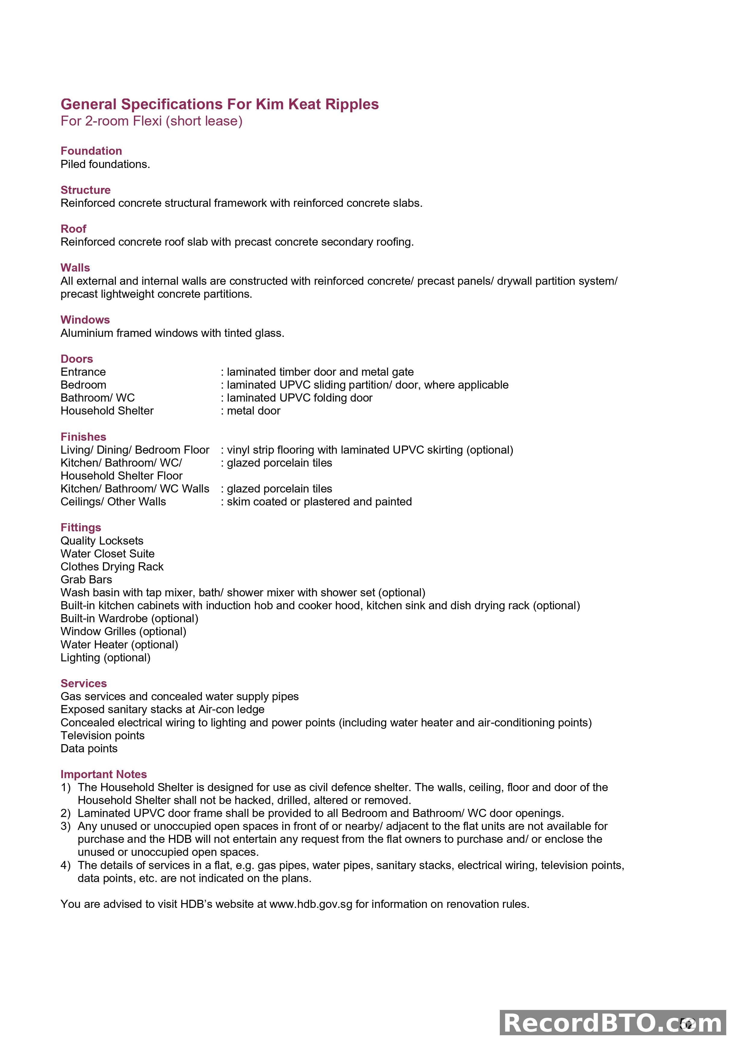 General Specifications for 2-Room Flexi (Short Lease) Units