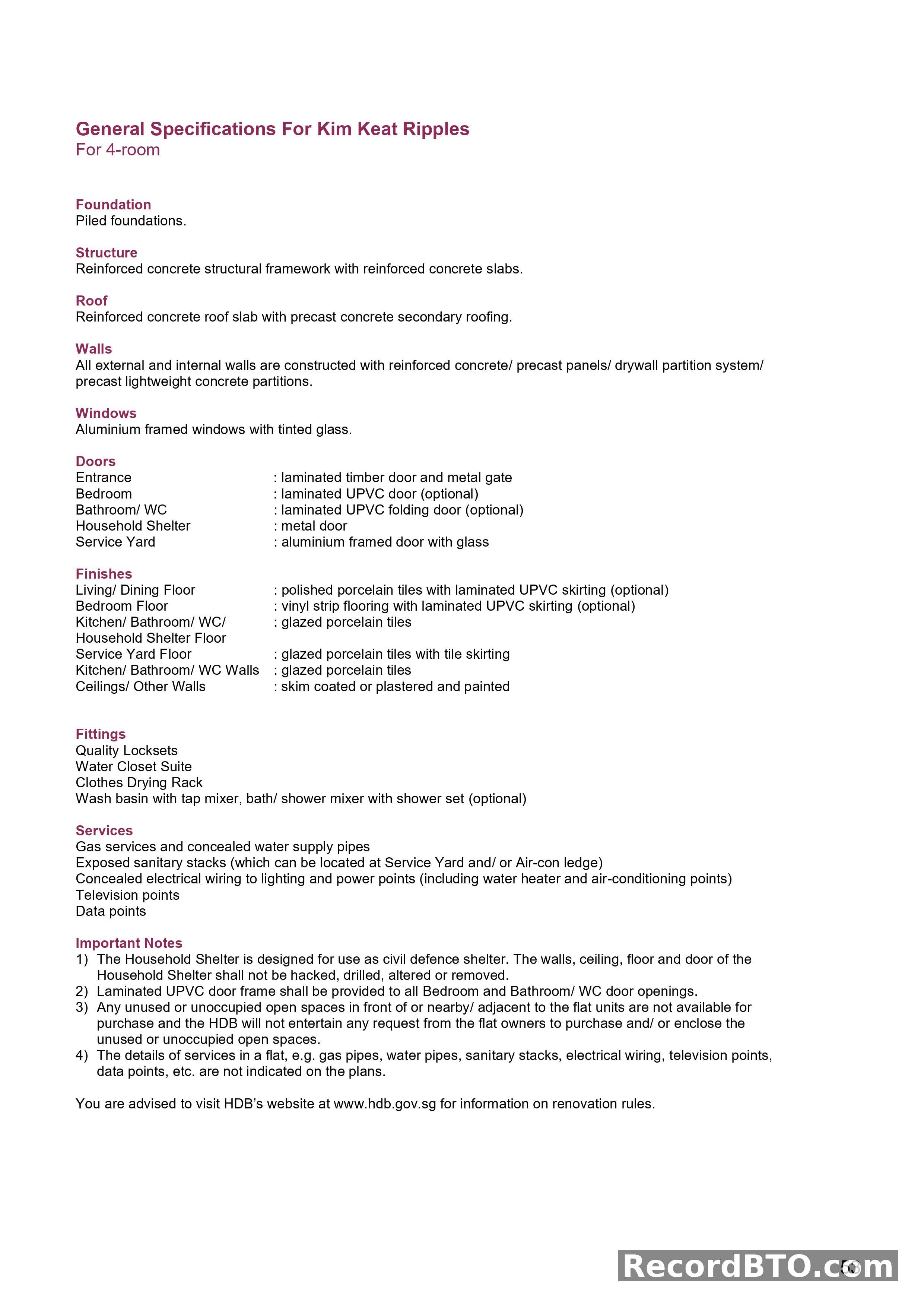 General Specifications for 4-Room Flat Types