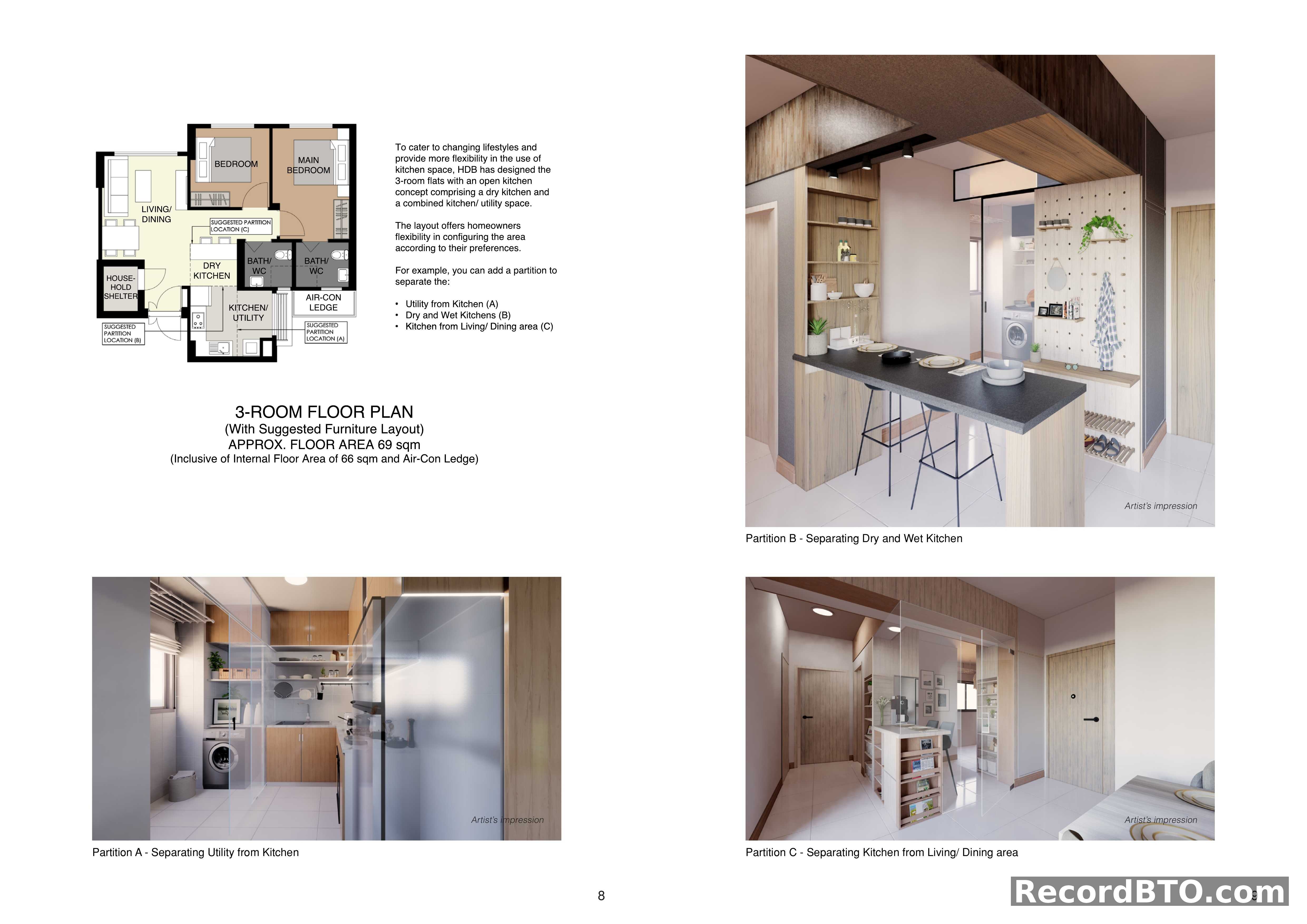 3-Room Floor Plan with Flexible Layout Options