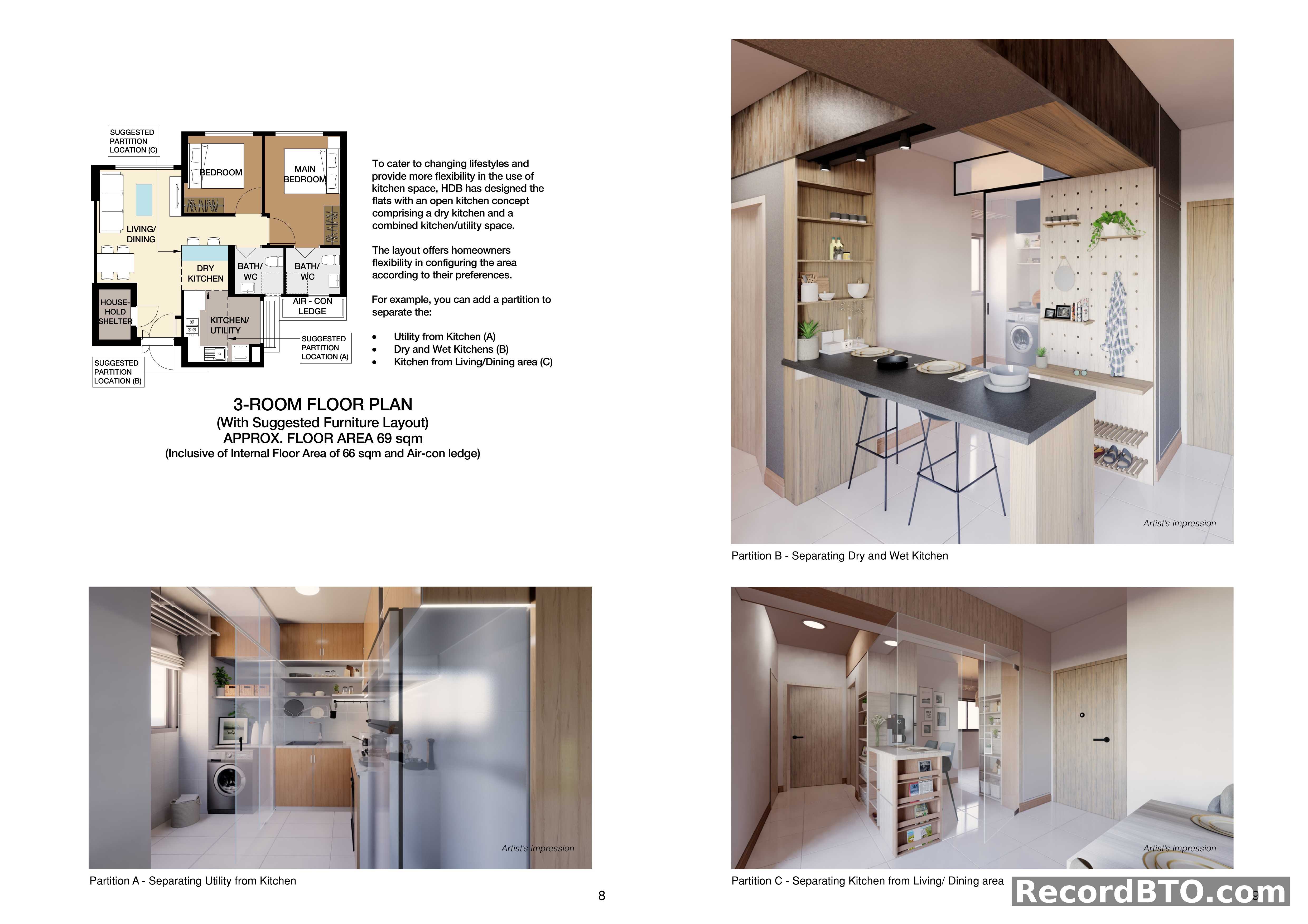 3-Room Floor Plan and Flexible Kitchen Options