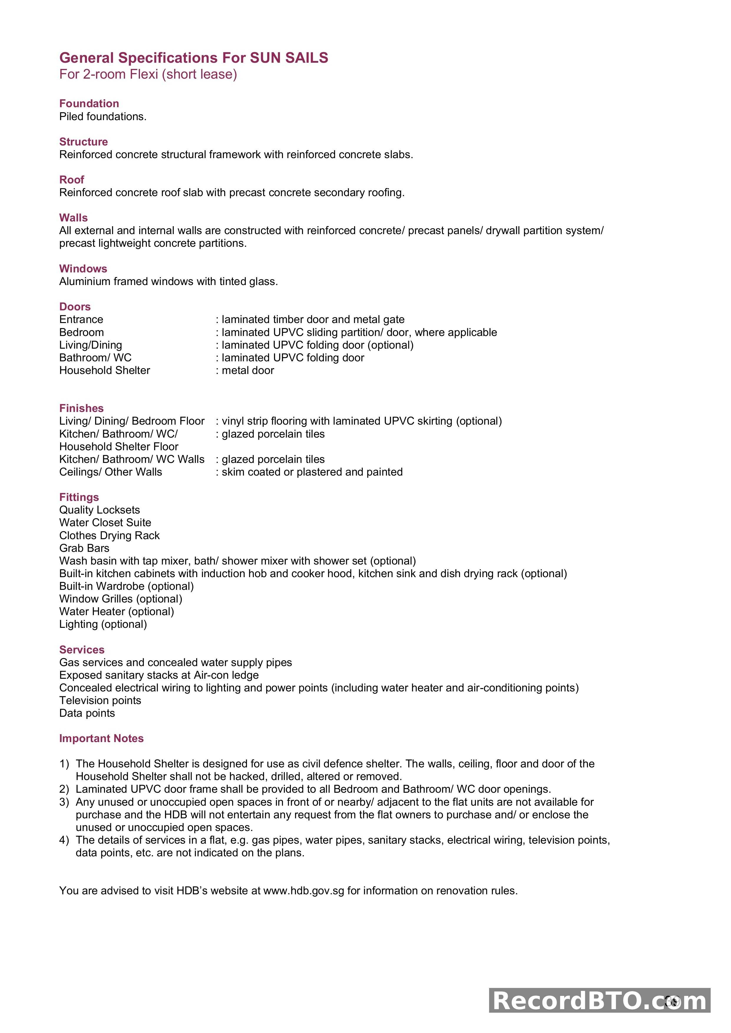 General Specifications for 2-Room Flexi (Short Lease)