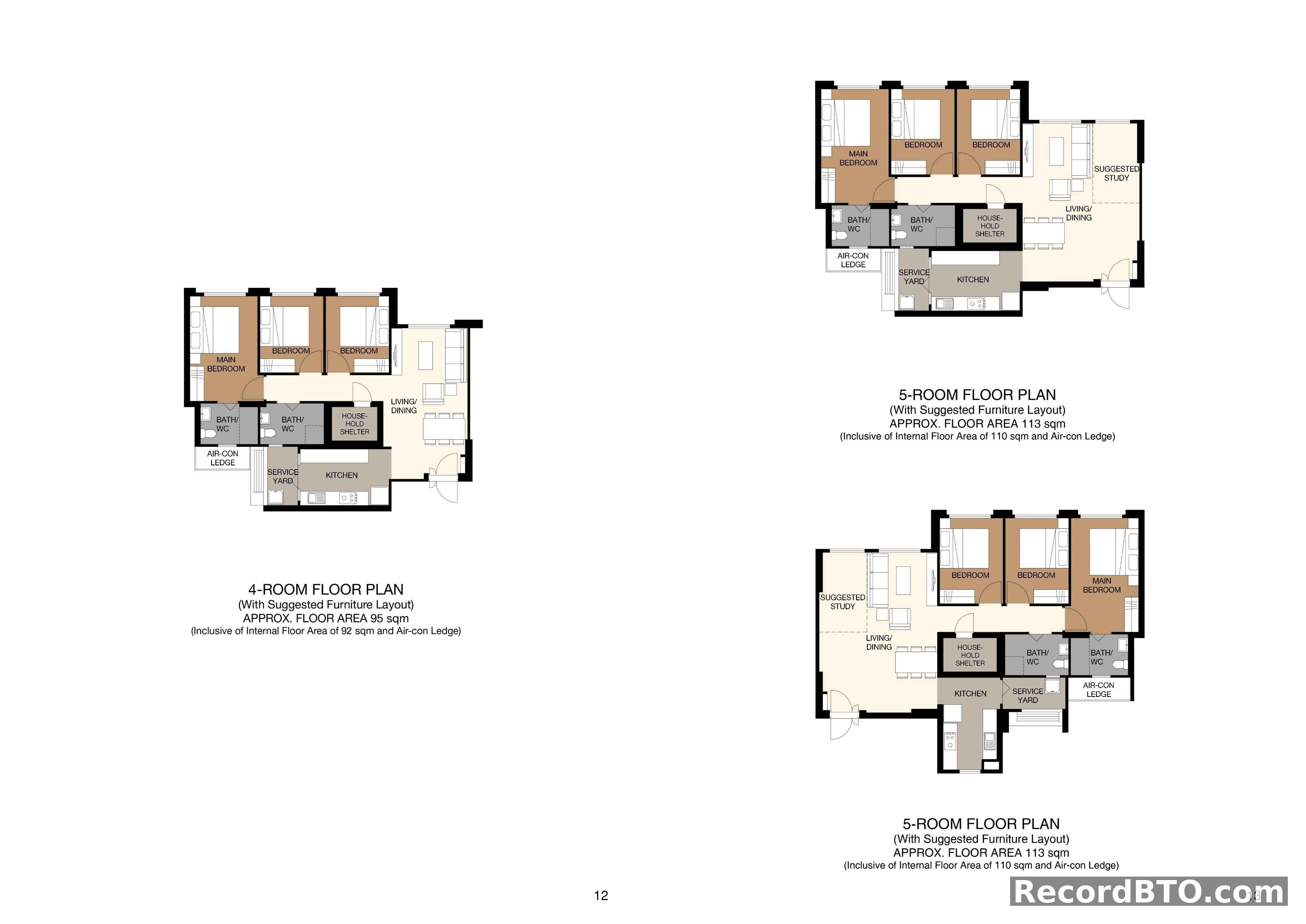 Typical 4-Room and 5-Room Flat Layouts with Suggested Furniture
