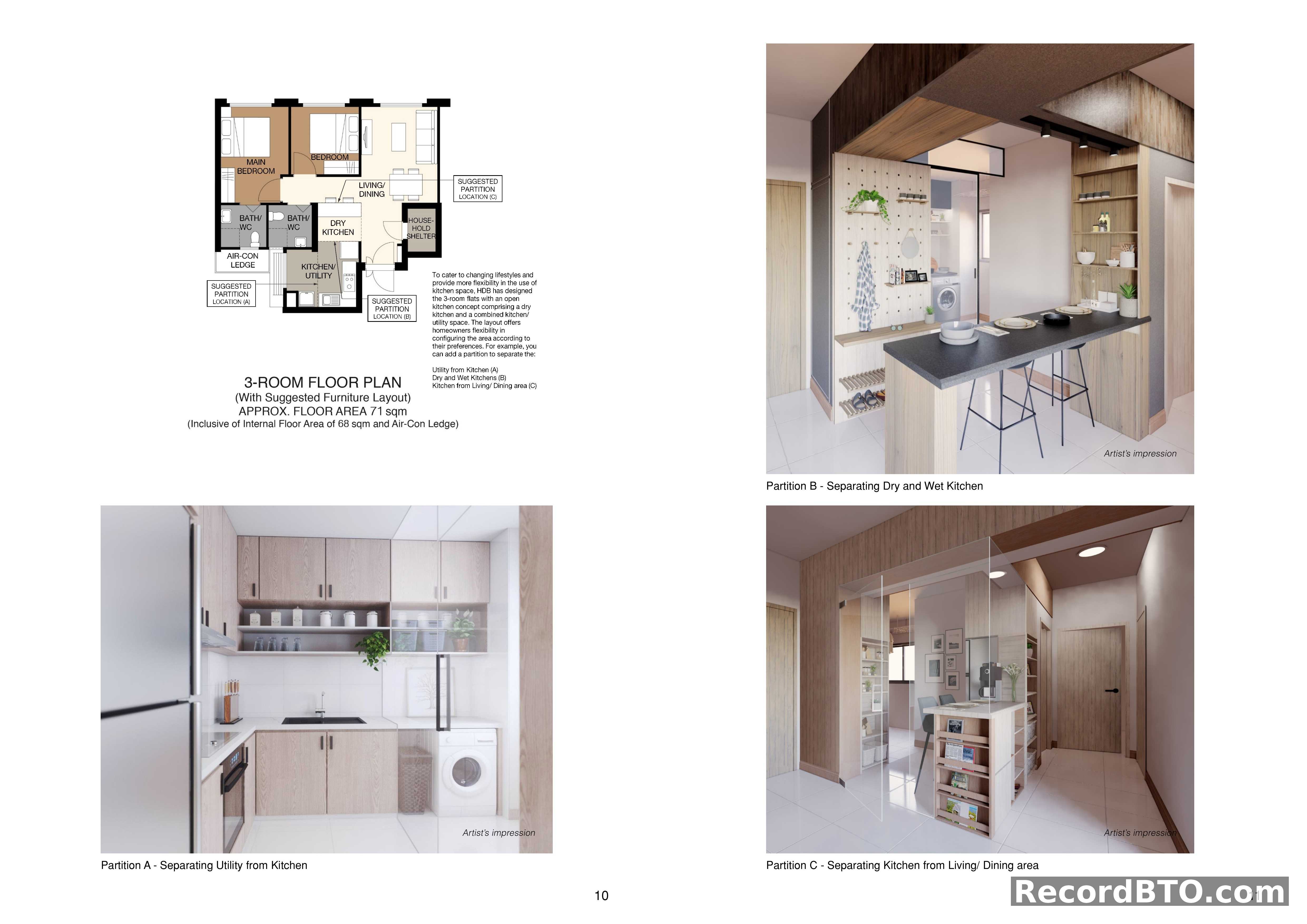 3-Room Flat Layout with Flexible Kitchen Options