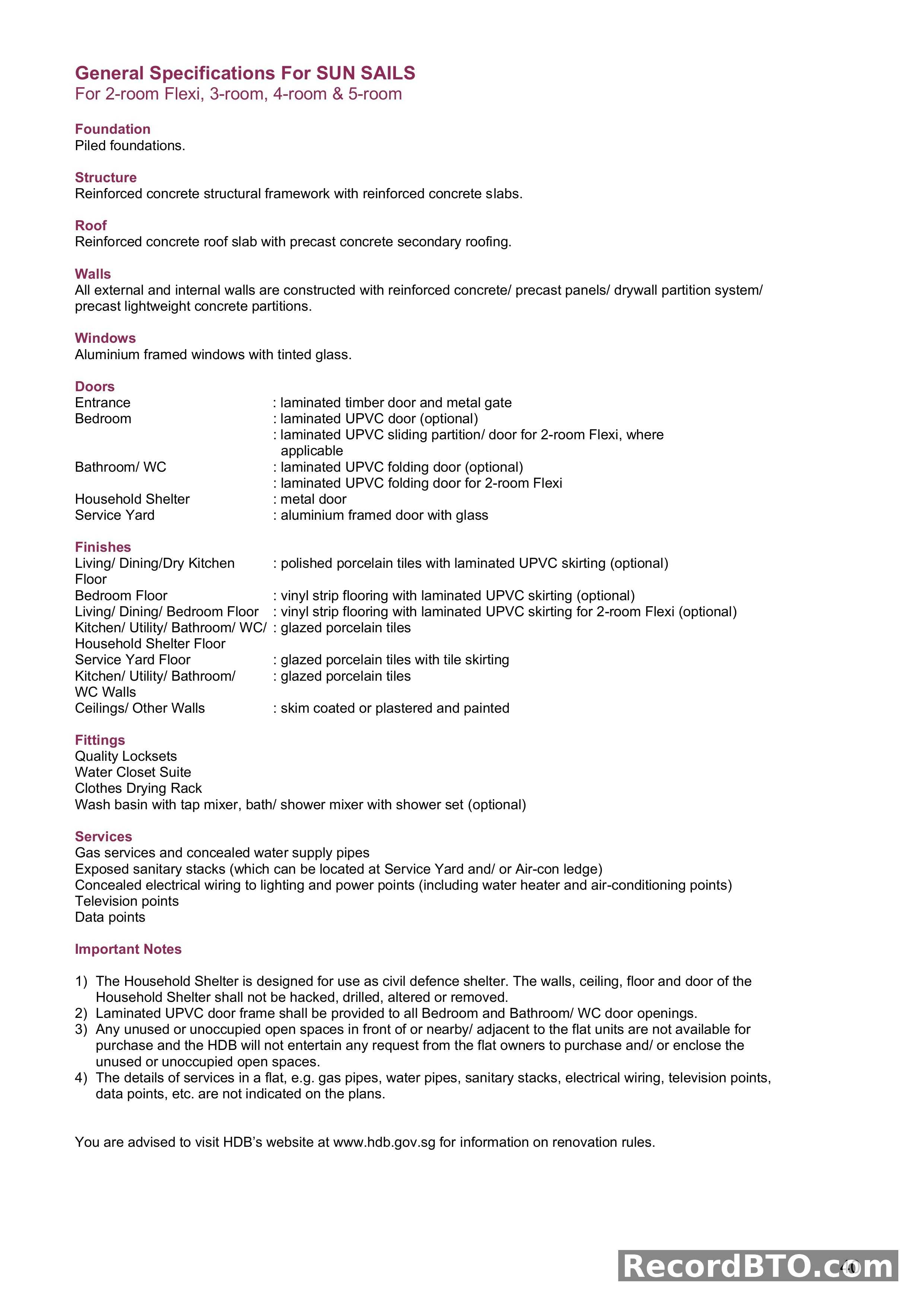 General Specifications for HDB Flat Types