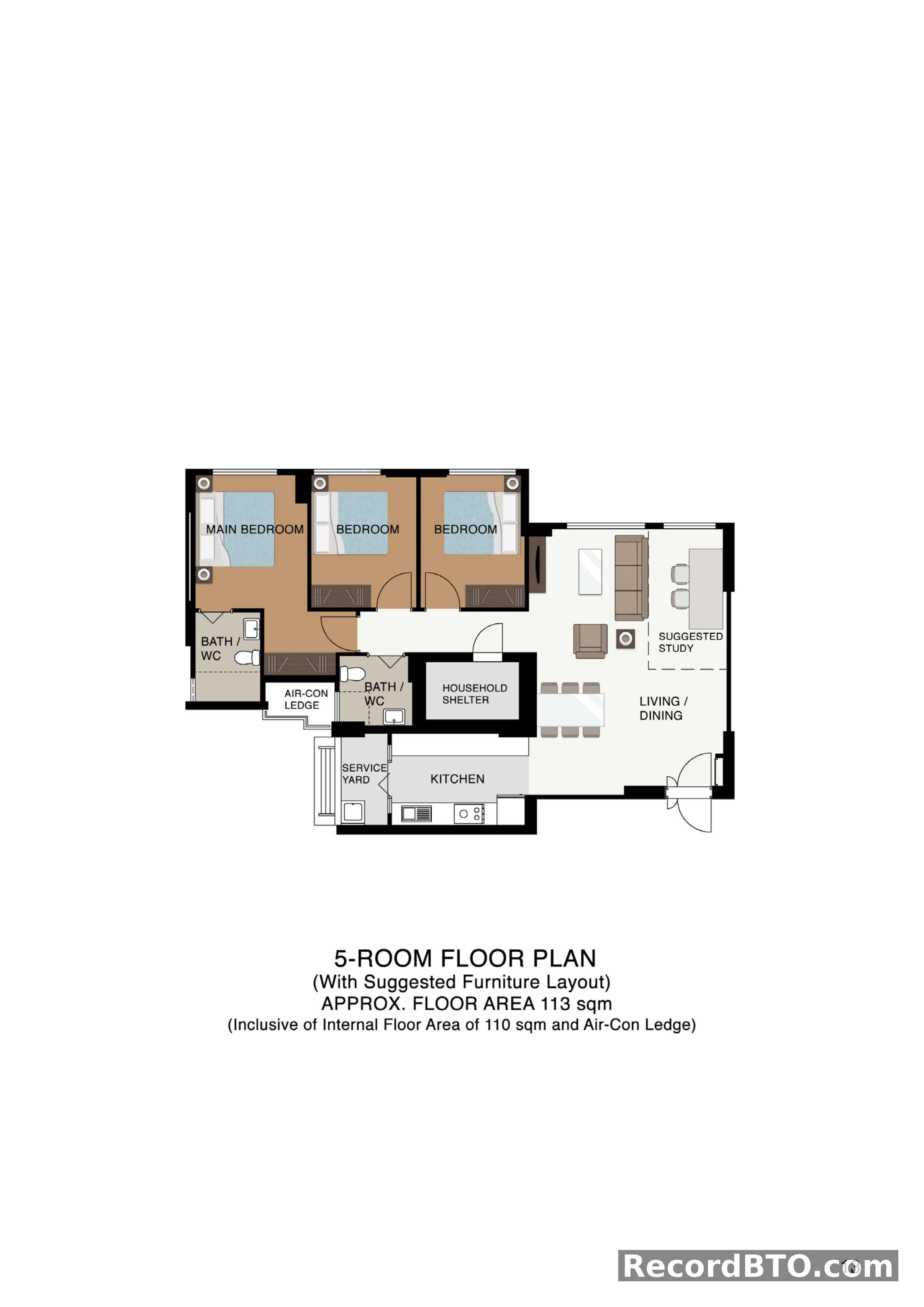5-Room Floor Plan with Suggested Layout and Area Details