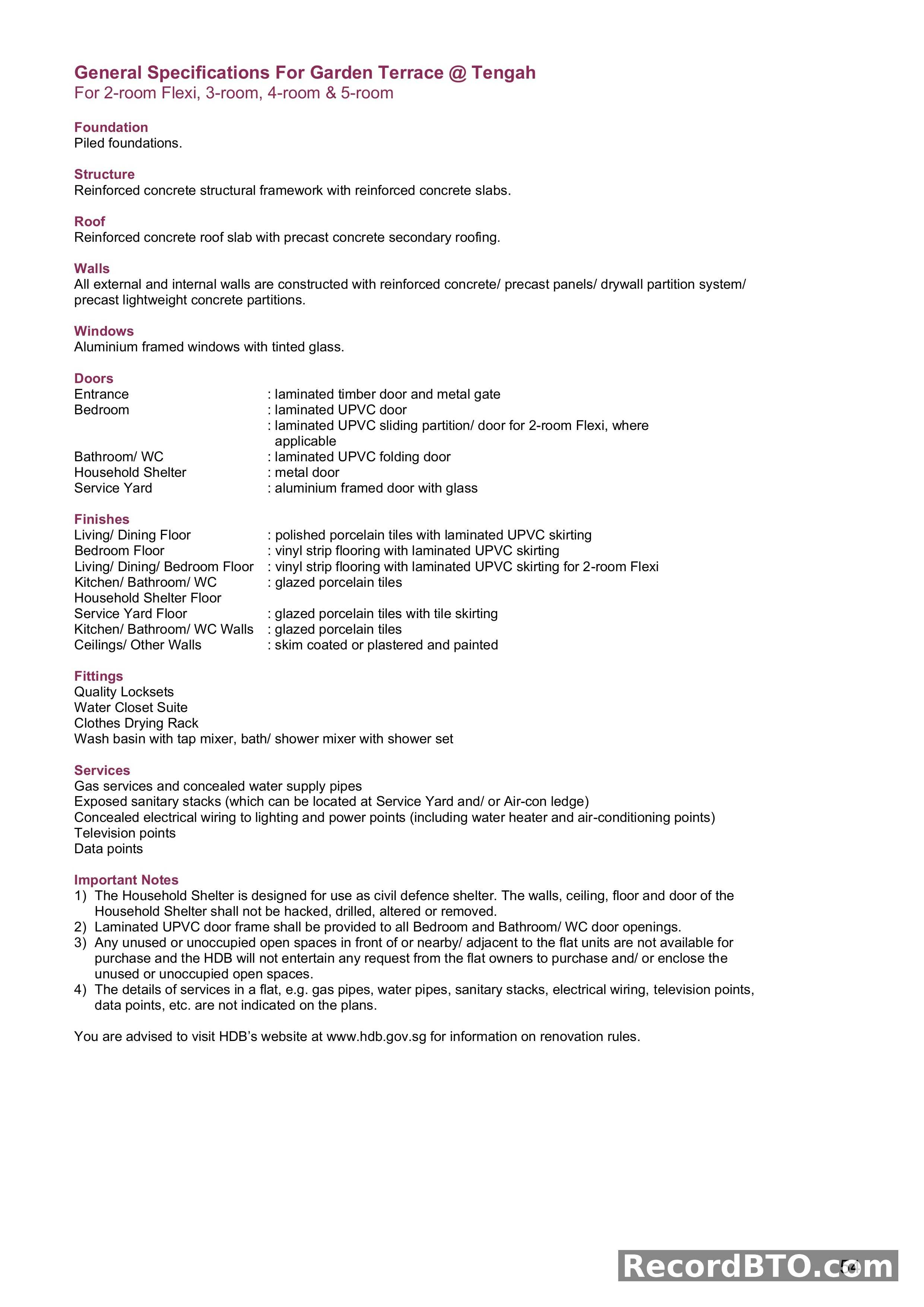 General Specifications for HDB Flat Types