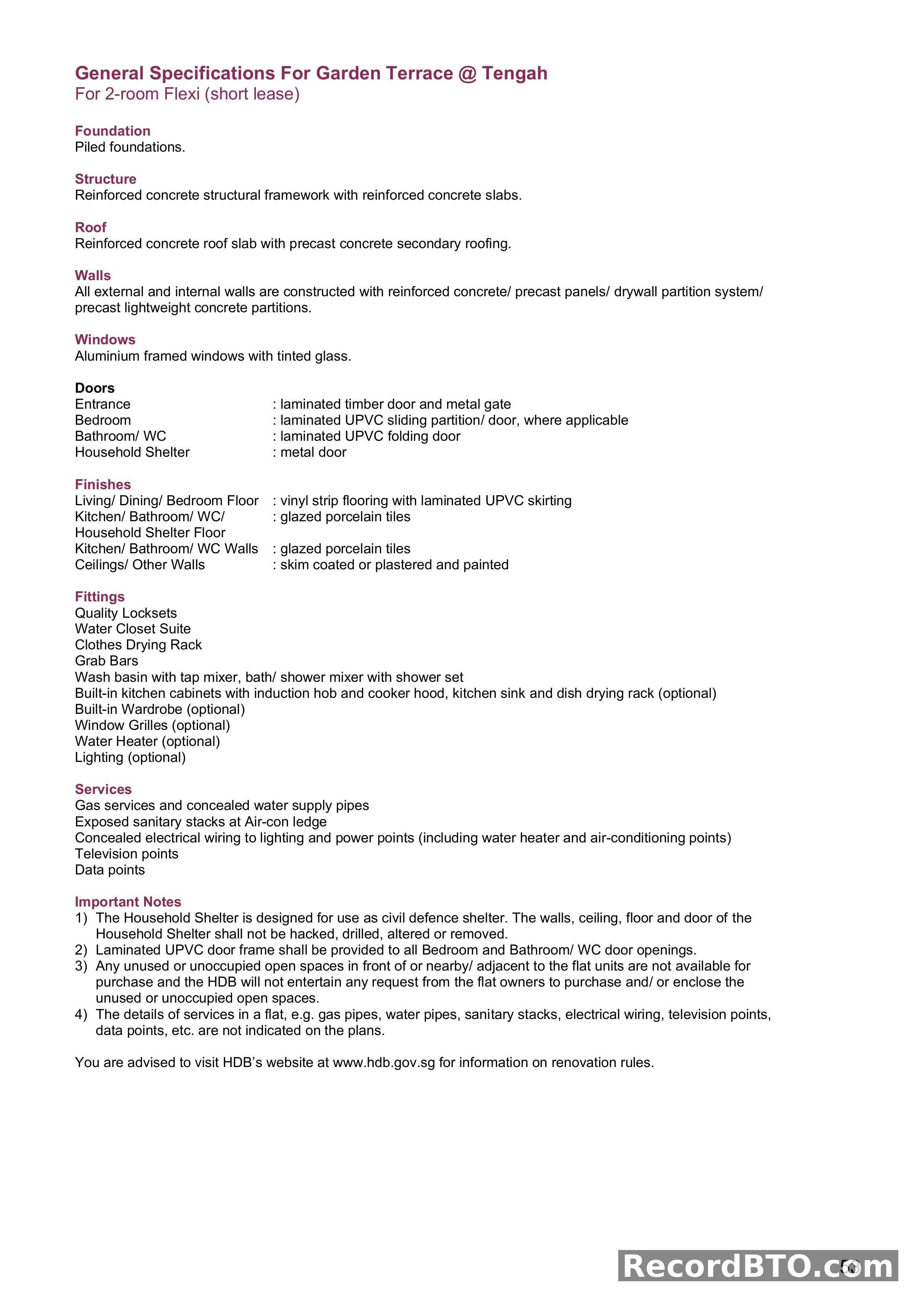 General Specifications for 2-Room Flexi (Short Lease) Units