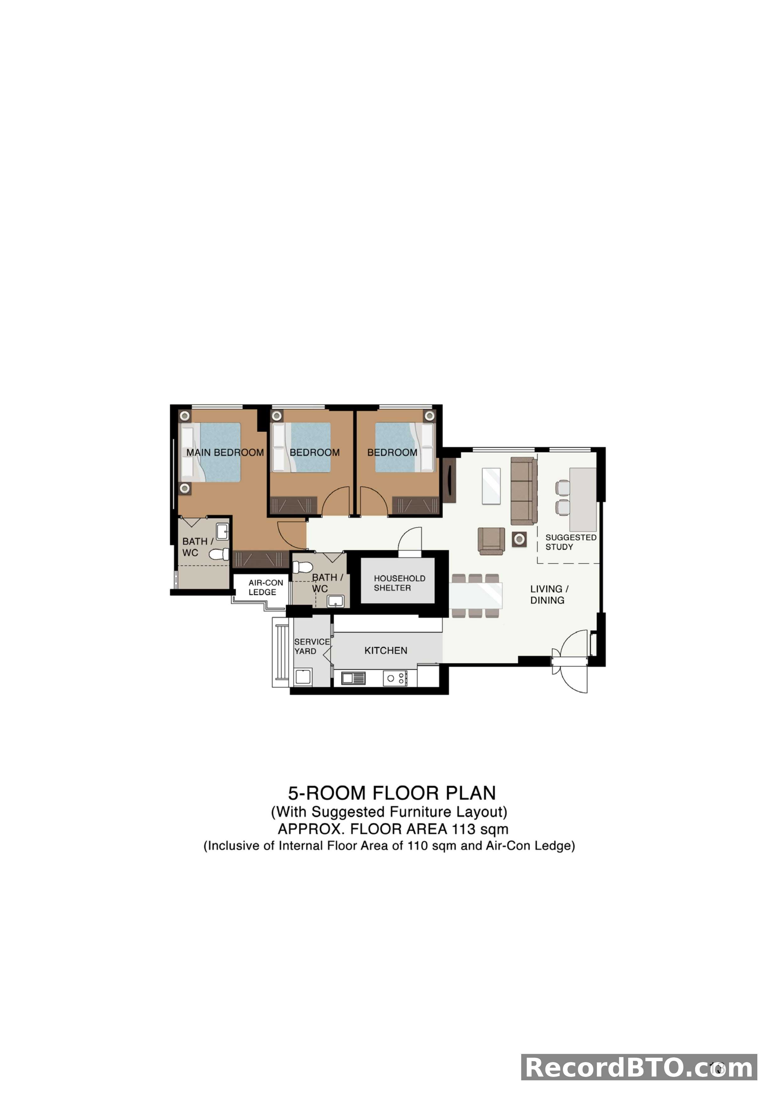 5-Room Floor Plan with Suggested Furniture Layout