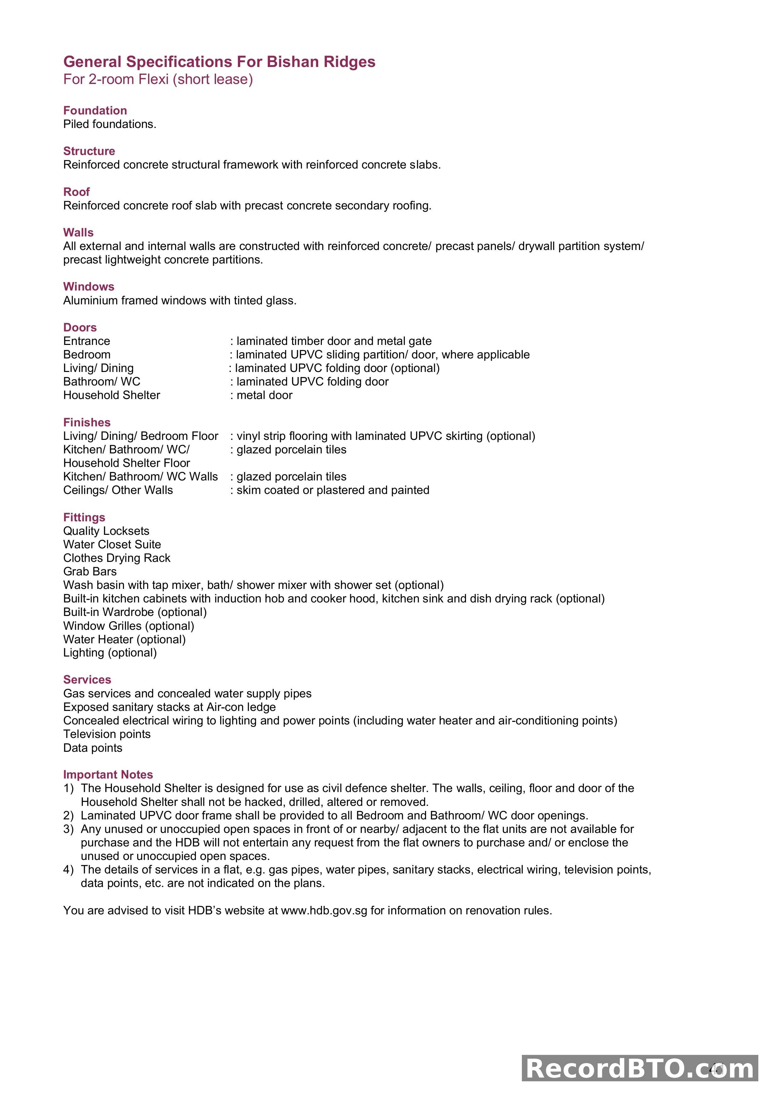 General Specifications for 2-Room Flexi (Short Lease) Units